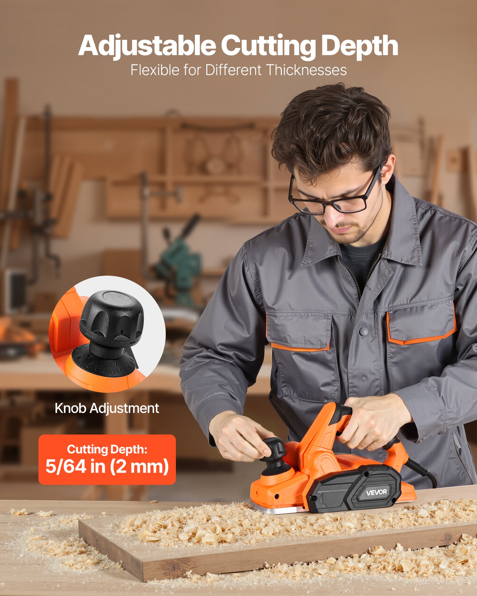 VEVOR Elektrohobel, 82 mm Schnittbreite, 650 W, 16800 U/min, Handhobel für Holz, mit einstellbarer Schnitttiefe, 2 Klingen, für Holzbearbeitung, Holzfasen, Heimwerkerarbeiten,  Hobelmaschine