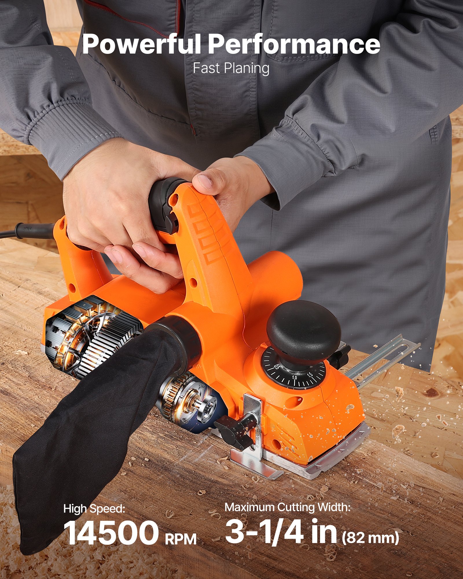 VEVOR Electric Hand Planer, 82 mm Cut Width, 900W 14500 RPM Corded Power Handheld Planer for Wood, with Adjustable Cut Depth, 2 Blades, for Woodworking Wood Chamfer DIY Smooth Finish Carpentry Tool