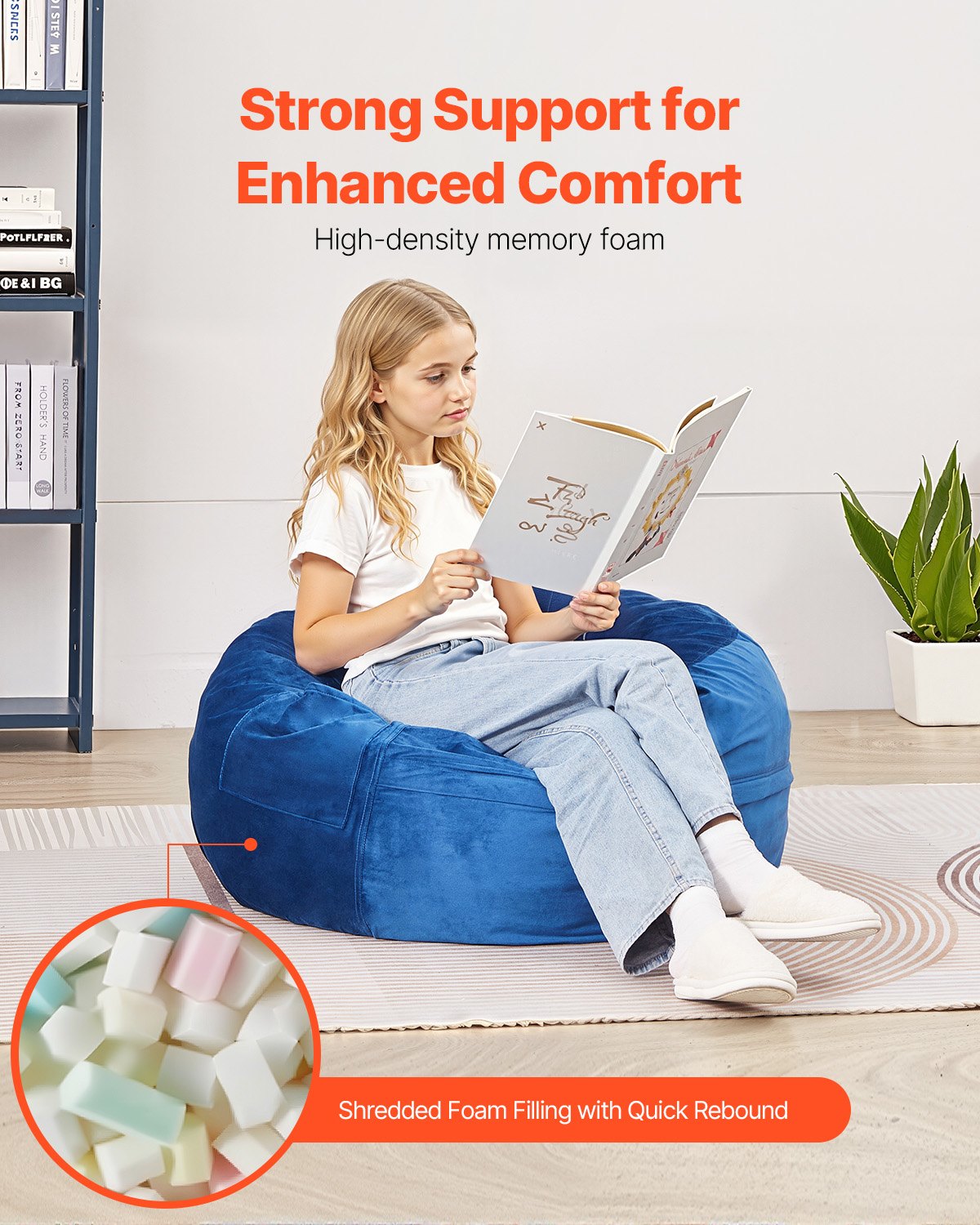 VEVOR runder Sitzsack Sitzkissen Bean Bag Gaming (89 x 89 x 56 cm) mit abnehmbarem & waschbarem Bezug, 25D Memory Foam gefüllt mit holländischem Samt, Sitzsack für Schlafzimmer Spielzimmer, Blau