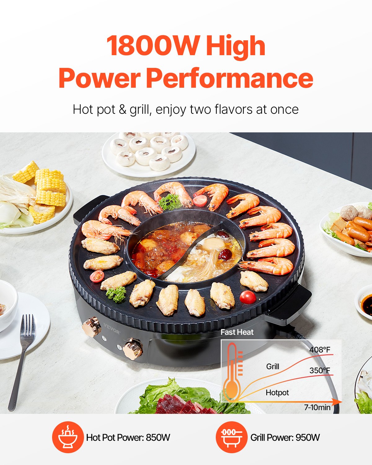 VEVOR Hot Pot mit Grill 1800 W 2 in 1 elektrischer rauchfreier Grill, koreanischer BBQ-Grill Feuertopf mit separater doppelter Temperaturregelung, antihaftbeschichtete Pfanne, für 2–8 Personen