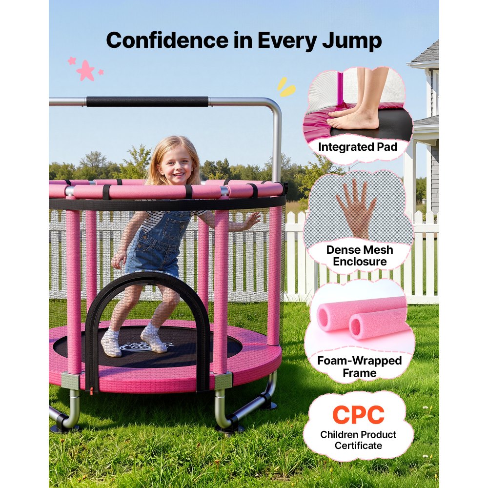 VEVOR Trampolin Mini für Kinder mit Sicherheitsnetz Haltestange Pink, Gartentrampolin Outdoor mit Basketballkorb, Basketball und Sandsack für Kinder, Weihnachts- oder Geburtstagsgeschenk