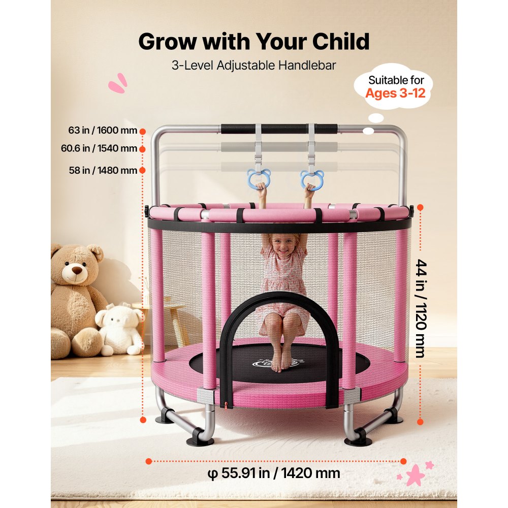 VEVOR Trampolin Mini für Kinder mit Sicherheitsnetz Haltestange Pink, Gartentrampolin Outdoor mit Basketballkorb, Basketball und Sandsack für Kinder, Weihnachts- oder Geburtstagsgeschenk