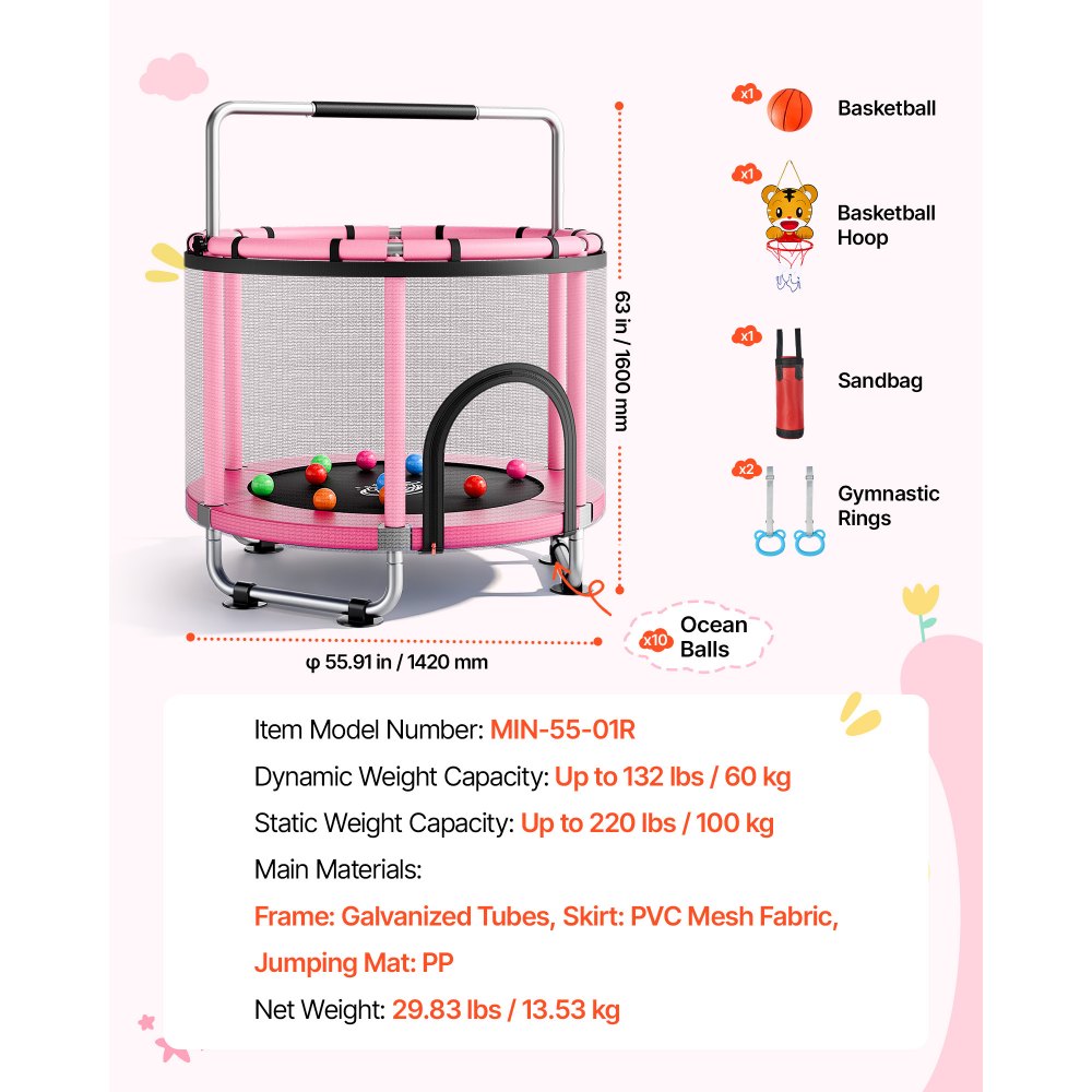 VEVOR Trampolin Mini für Kinder mit Sicherheitsnetz Haltestange Pink, Gartentrampolin Outdoor mit Basketballkorb, Basketball und Sandsack für Kinder, Weihnachts- oder Geburtstagsgeschenk