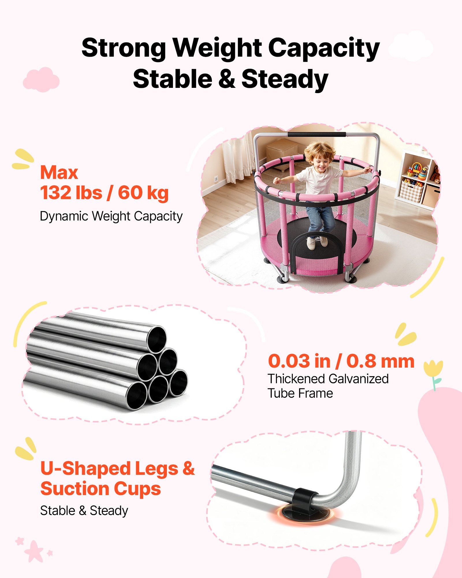 VEVOR Trampolin Mini für Kinder mit Sicherheitsnetz Haltestange Pink, Gartentrampolin Outdoor mit Basketballkorb, Basketball und Sandsack für Kinder, Weihnachts- oder Geburtstagsgeschenk