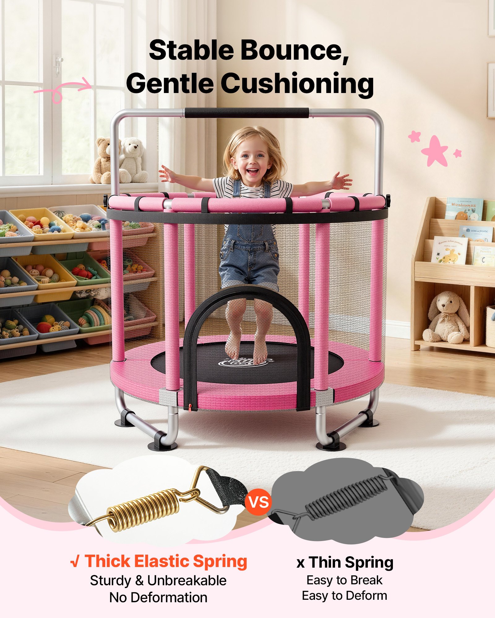 VEVOR Trampolin Mini für Kinder mit Sicherheitsnetz Haltestange Pink, Gartentrampolin Outdoor mit Basketballkorb, Basketball und Sandsack für Kinder, Weihnachts- oder Geburtstagsgeschenk