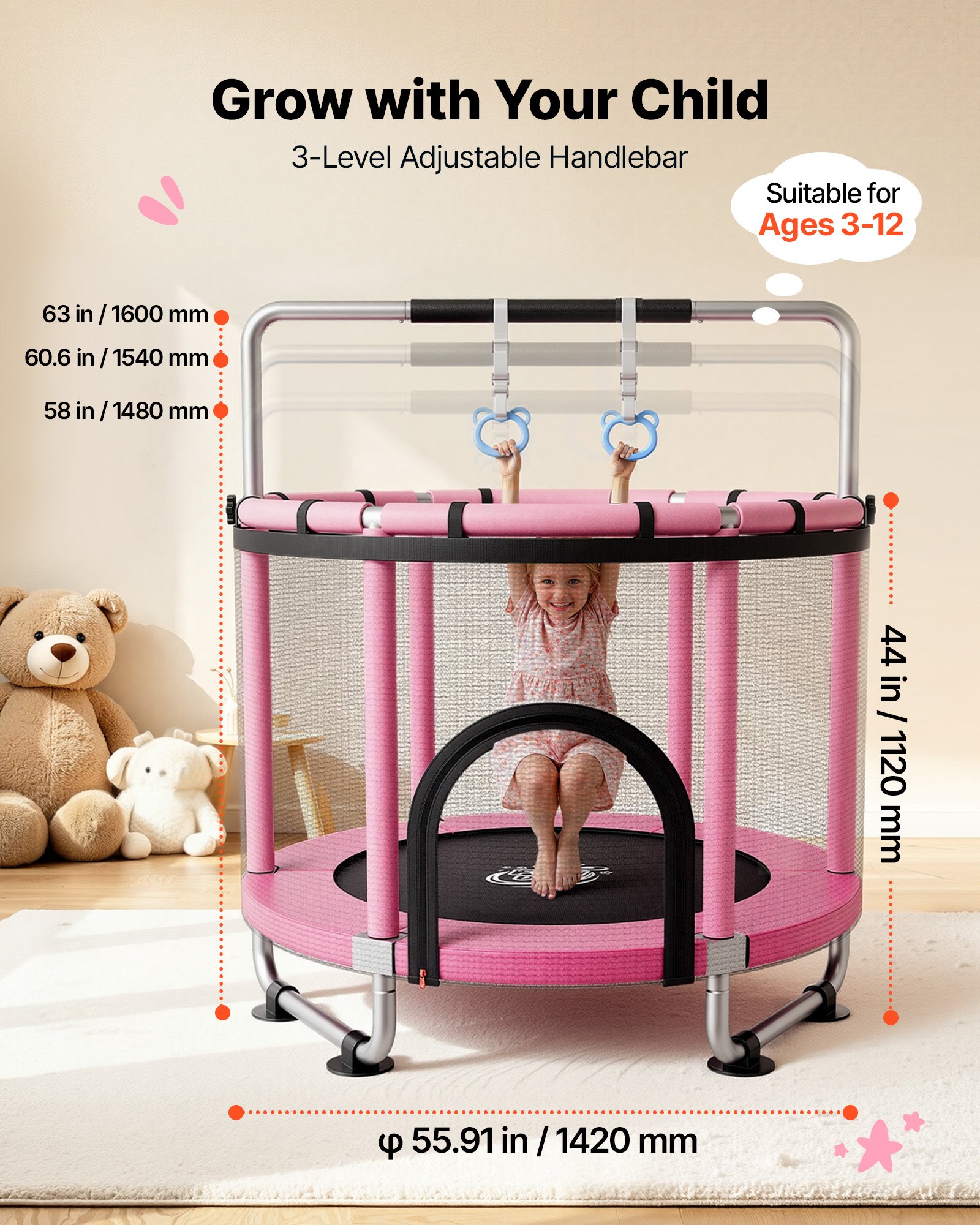 VEVOR Trampolin Mini für Kinder mit Sicherheitsnetz Haltestange Pink, Gartentrampolin Outdoor mit Basketballkorb, Basketball und Sandsack für Kinder, Weihnachts- oder Geburtstagsgeschenk