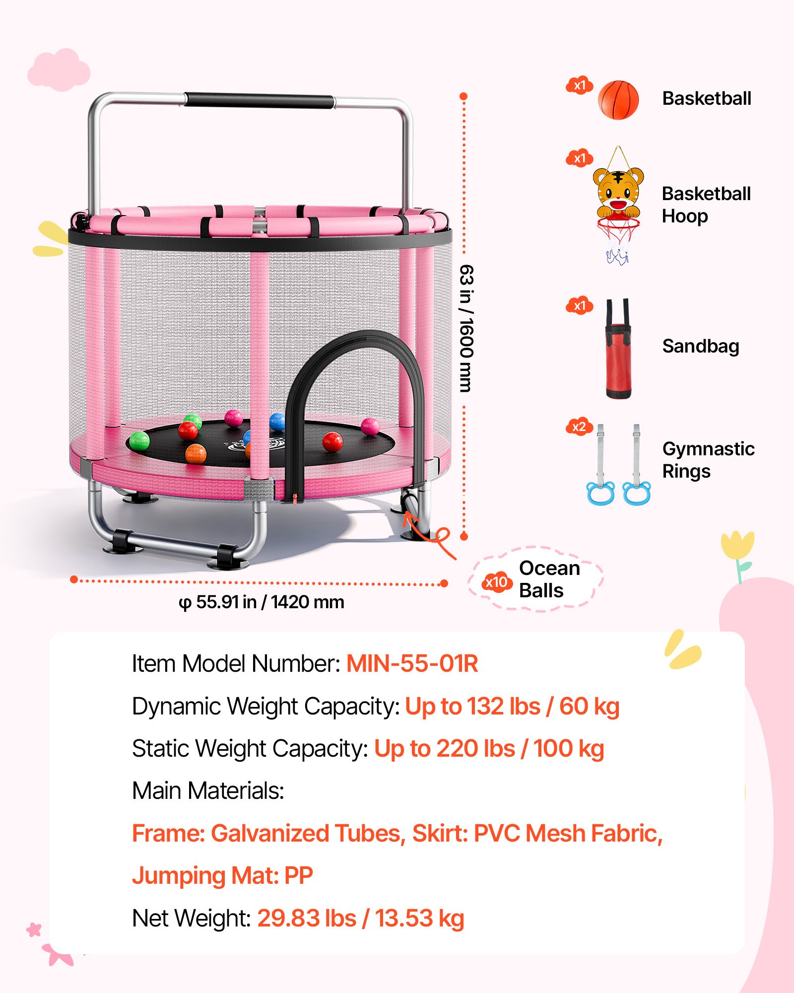 VEVOR Trampolin Mini für Kinder mit Sicherheitsnetz Haltestange Pink, Gartentrampolin Outdoor mit Basketballkorb, Basketball und Sandsack für Kinder, Weihnachts- oder Geburtstagsgeschenk