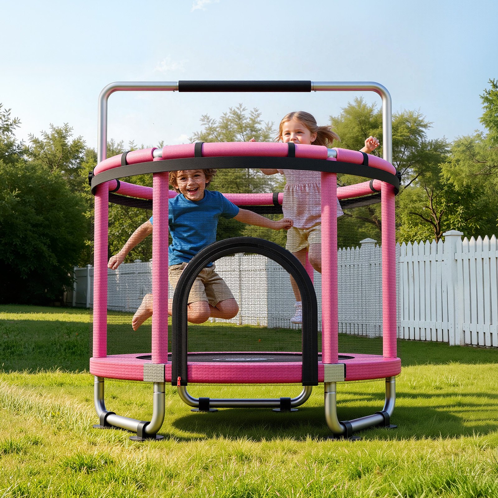 VEVOR Trampolin Mini für Kinder mit Sicherheitsnetz Haltestange Pink, Gartentrampolin Outdoor mit Basketballkorb, Basketball und Sandsack für Kinder, Weihnachts- oder Geburtstagsgeschenk