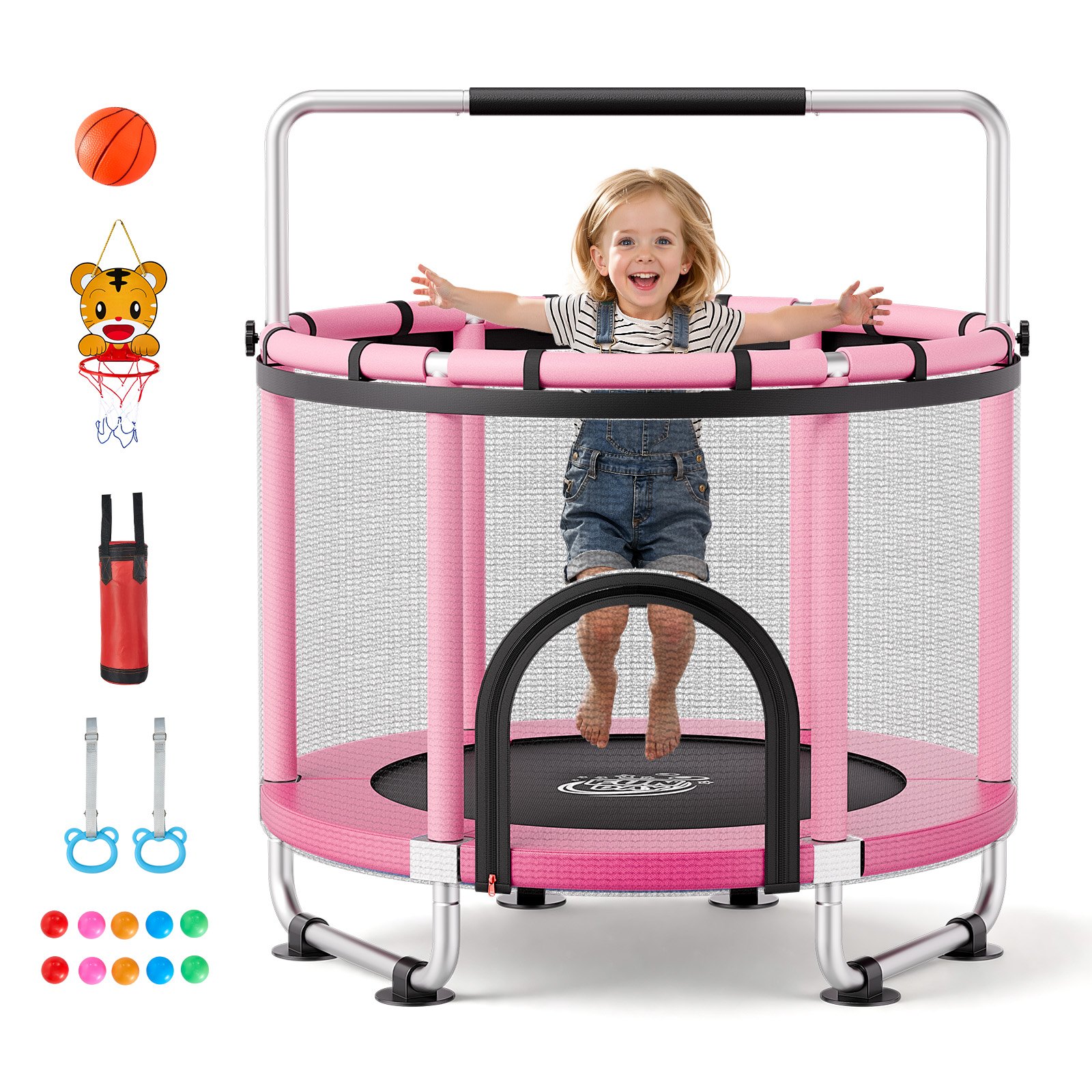 VEVOR Trampolin Mini für Kinder mit Sicherheitsnetz Haltestange Pink, Gartentrampolin Outdoor mit Basketballkorb, Basketball und Sandsack für Kinder, Weihnachts- oder Geburtstagsgeschenk