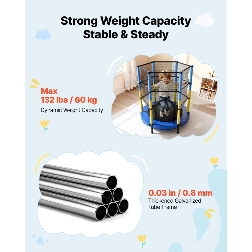 VEVOR Trampolin Mini für Kinder mit 60 kg Tragkraft Sicherheitsnetz 140 cm, Gartentrampolin Outdoor/ Indoor, Ideales Weihnachts- oder Geburtstagsgeschenk für Mädchen und Jungen, Blau Gelb