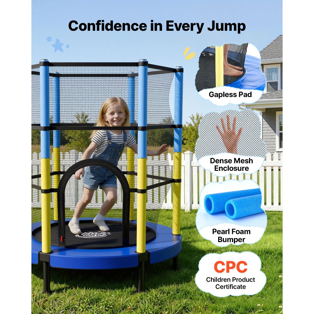 VEVOR Trampolin Mini für Kinder mit 60 kg Tragkraft Sicherheitsnetz 140 cm, Gartentrampolin Outdoor/ Indoor, Ideales Weihnachts- oder Geburtstagsgeschenk für Mädchen und Jungen, Blau Gelb