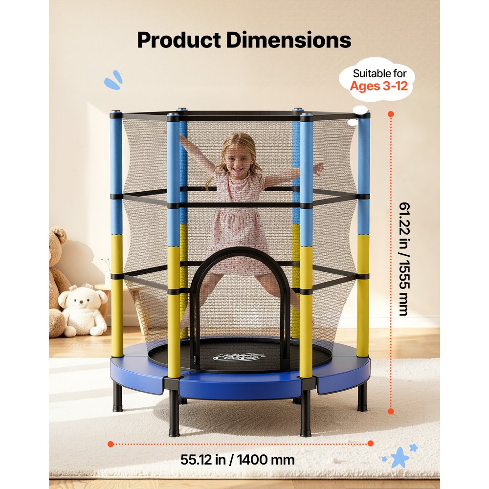 VEVOR Trampolin Mini für Kinder mit 60 kg Tragkraft Sicherheitsnetz 140 cm, Gartentrampolin Outdoor/ Indoor, Ideales Weihnachts- oder Geburtstagsgeschenk für Mädchen und Jungen, Blau Gelb