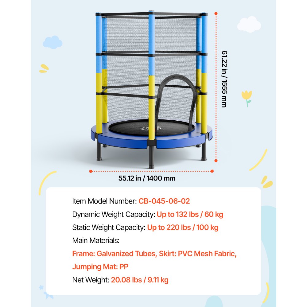 VEVOR Trampolin Mini für Kinder mit 60 kg Tragkraft Sicherheitsnetz 140 cm, Gartentrampolin Outdoor/ Indoor, Ideales Weihnachts- oder Geburtstagsgeschenk für Mädchen und Jungen, Blau Gelb