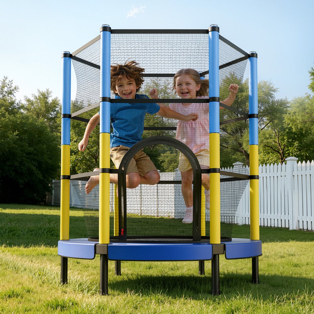 VEVOR Trampolin Mini für Kinder mit 60 kg Tragkraft Sicherheitsnetz 140 cm, Gartentrampolin Outdoor/ Indoor, Ideales Weihnachts- oder Geburtstagsgeschenk für Mädchen und Jungen, Blau Gelb