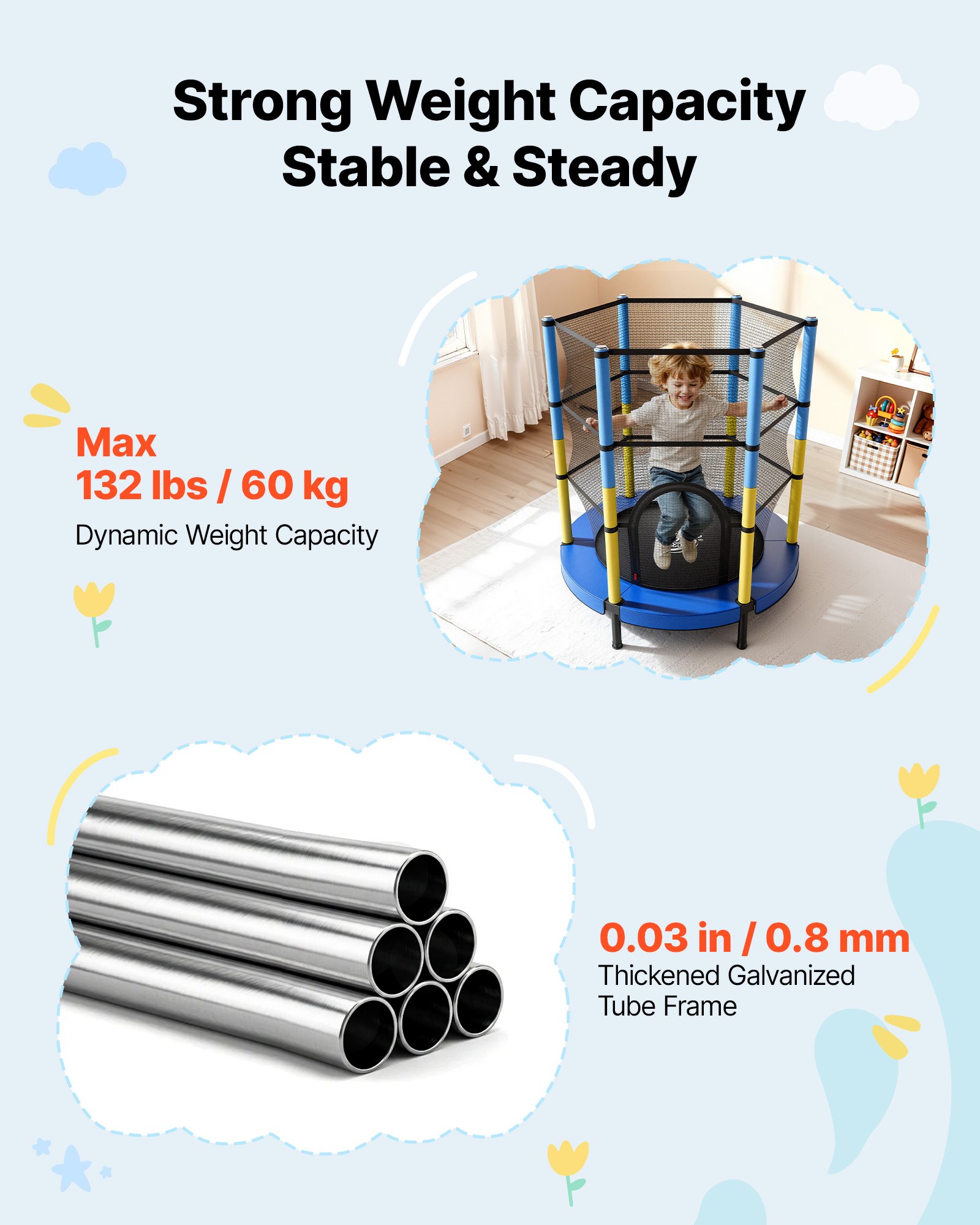VEVOR Trampolin Mini für Kinder mit 60 kg Tragkraft Sicherheitsnetz 140 cm, Gartentrampolin Outdoor/ Indoor, Ideales Weihnachts- oder Geburtstagsgeschenk für Mädchen und Jungen, Blau Gelb