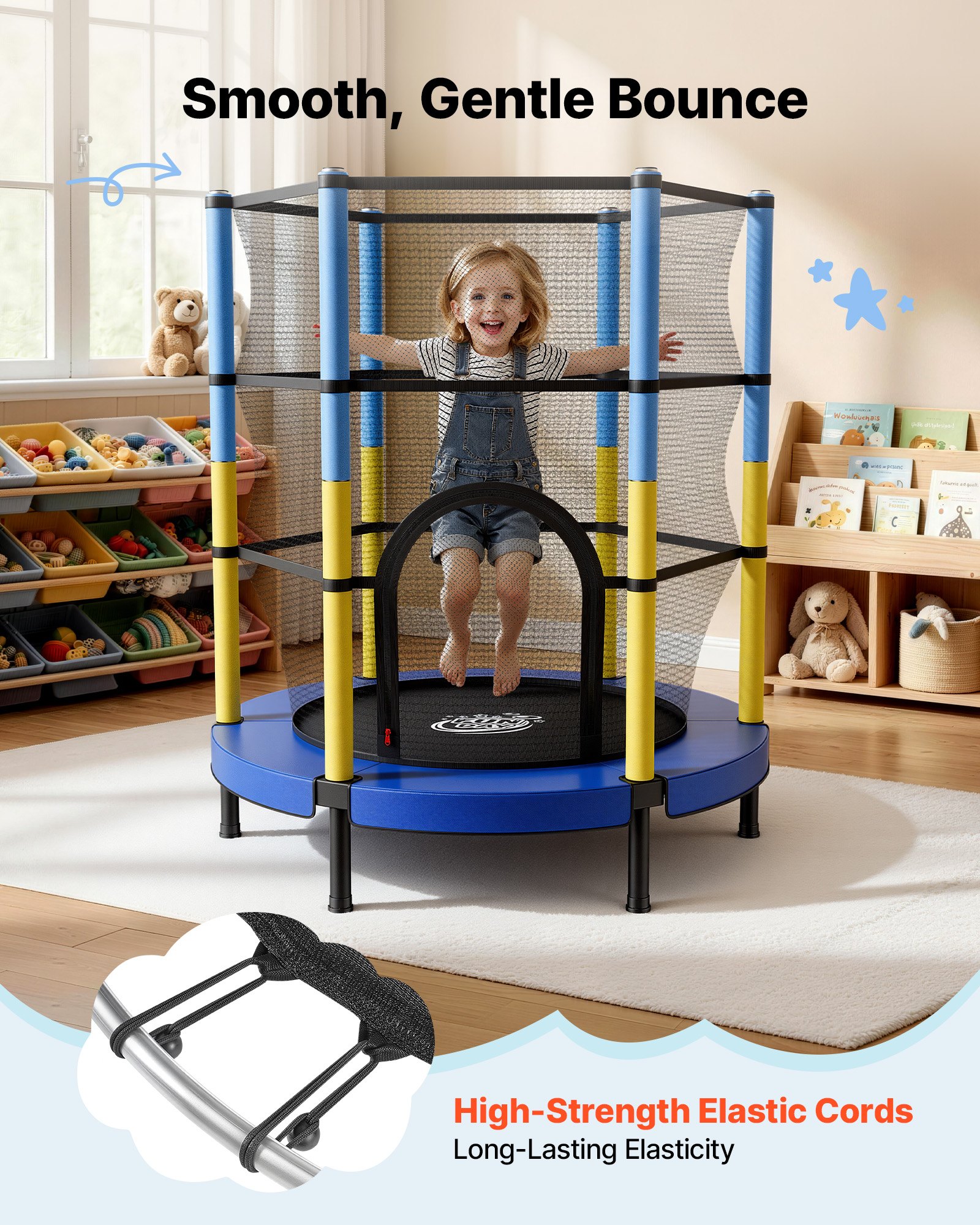 VEVOR Trampolin Mini für Kinder mit 60 kg Tragkraft Sicherheitsnetz 140 cm, Gartentrampolin Outdoor/ Indoor, Ideales Weihnachts- oder Geburtstagsgeschenk für Mädchen und Jungen, Blau Gelb