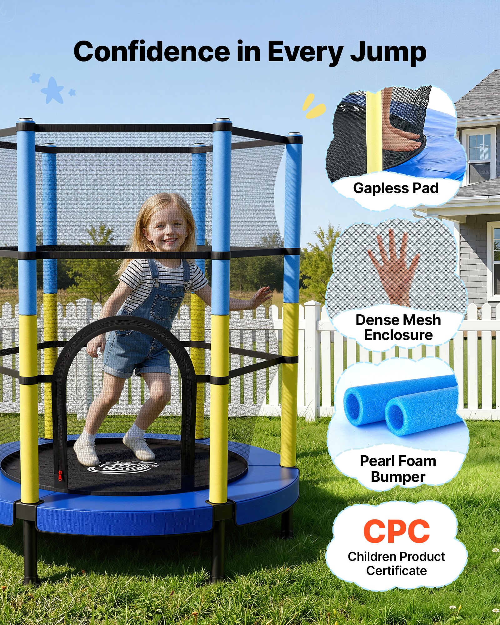 VEVOR Trampolin Mini für Kinder mit 60 kg Tragkraft Sicherheitsnetz 140 cm, Gartentrampolin Outdoor/ Indoor, Ideales Weihnachts- oder Geburtstagsgeschenk für Mädchen und Jungen, Blau Gelb