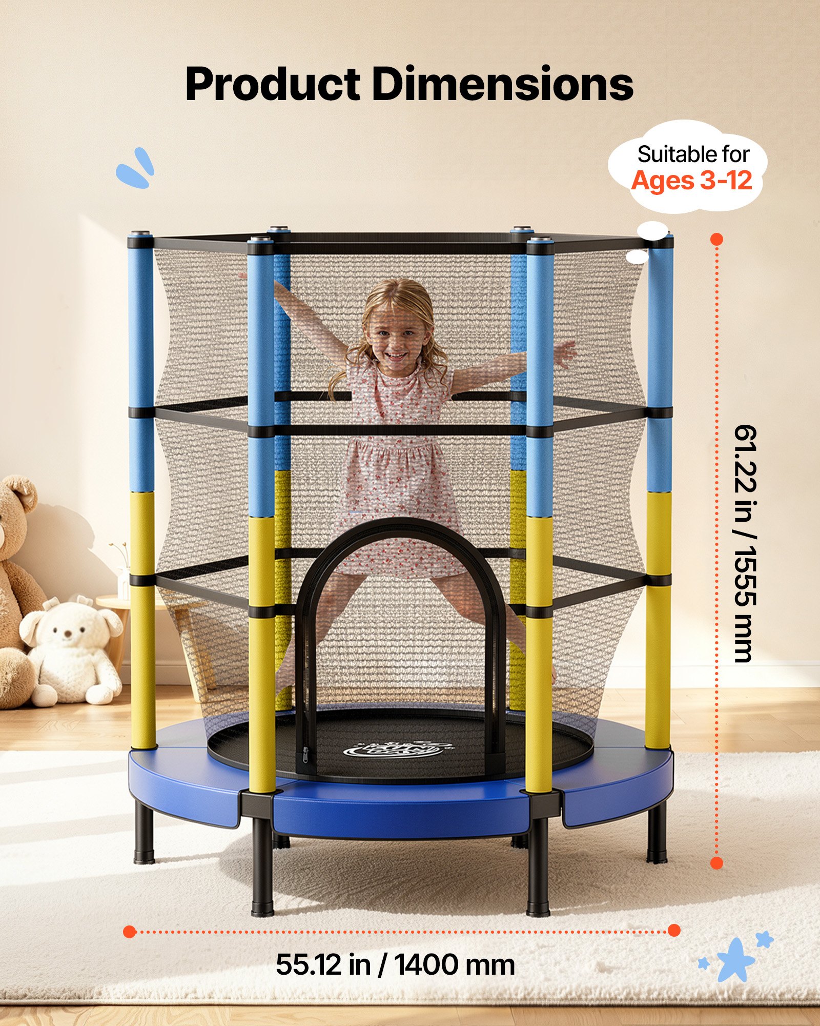VEVOR Trampolin Mini für Kinder mit 60 kg Tragkraft Sicherheitsnetz 140 cm, Gartentrampolin Outdoor/ Indoor, Ideales Weihnachts- oder Geburtstagsgeschenk für Mädchen und Jungen, Blau Gelb