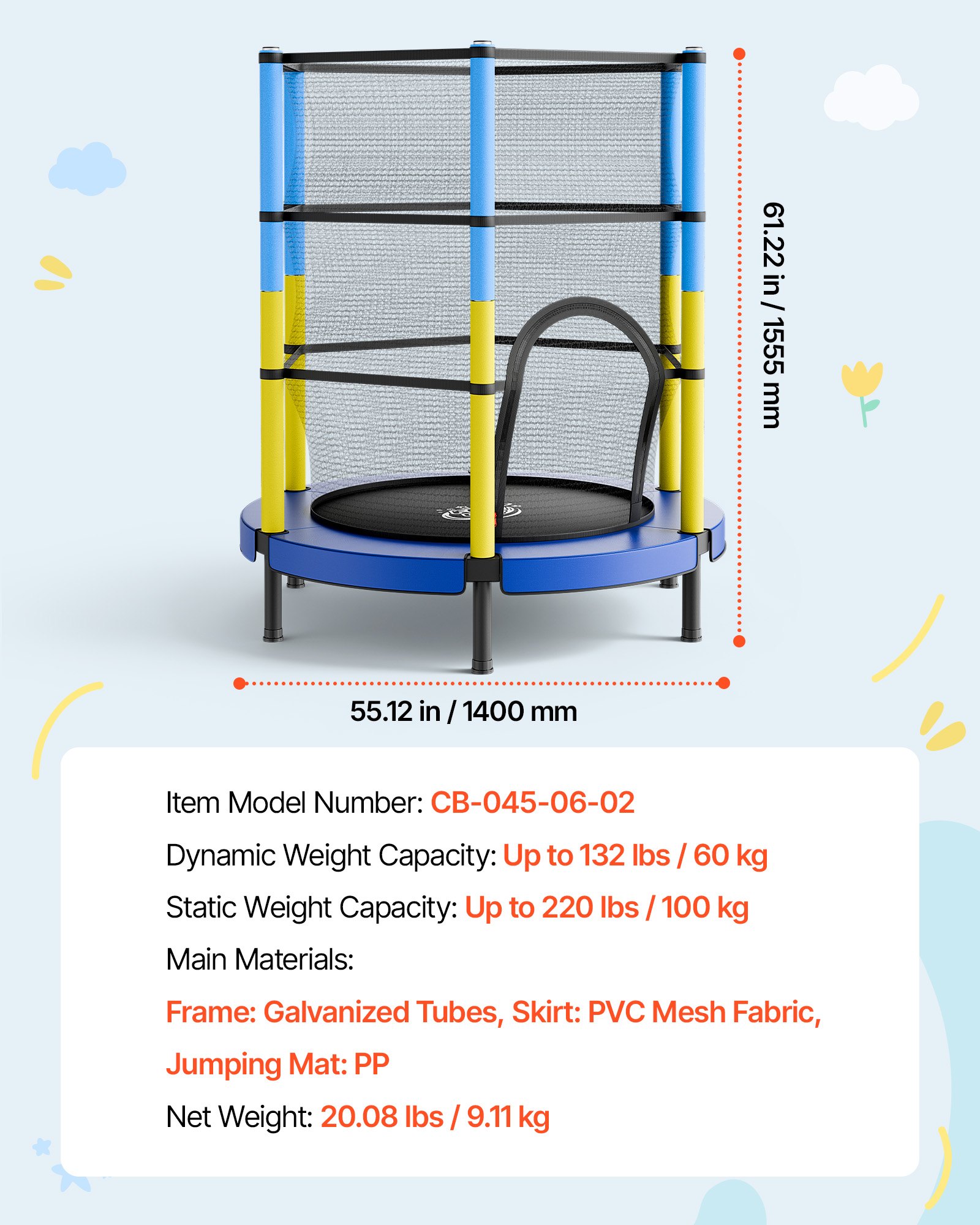VEVOR Trampolin Mini für Kinder mit 60 kg Tragkraft Sicherheitsnetz 140 cm, Gartentrampolin Outdoor/ Indoor, Ideales Weihnachts- oder Geburtstagsgeschenk für Mädchen und Jungen, Blau Gelb