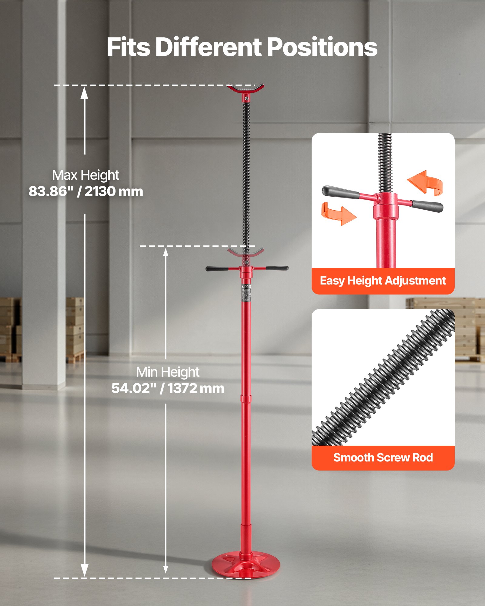 VEVOR Unterhub-Stützständer 750 kg, Höhenverstellbarer (1376–2128 mm) Wagenheberständer mit Kugelgelagertem Drehgriff & Selbstsichernder Gewindeschraube, zur Unterstützung von Fahrzeugkomponenten