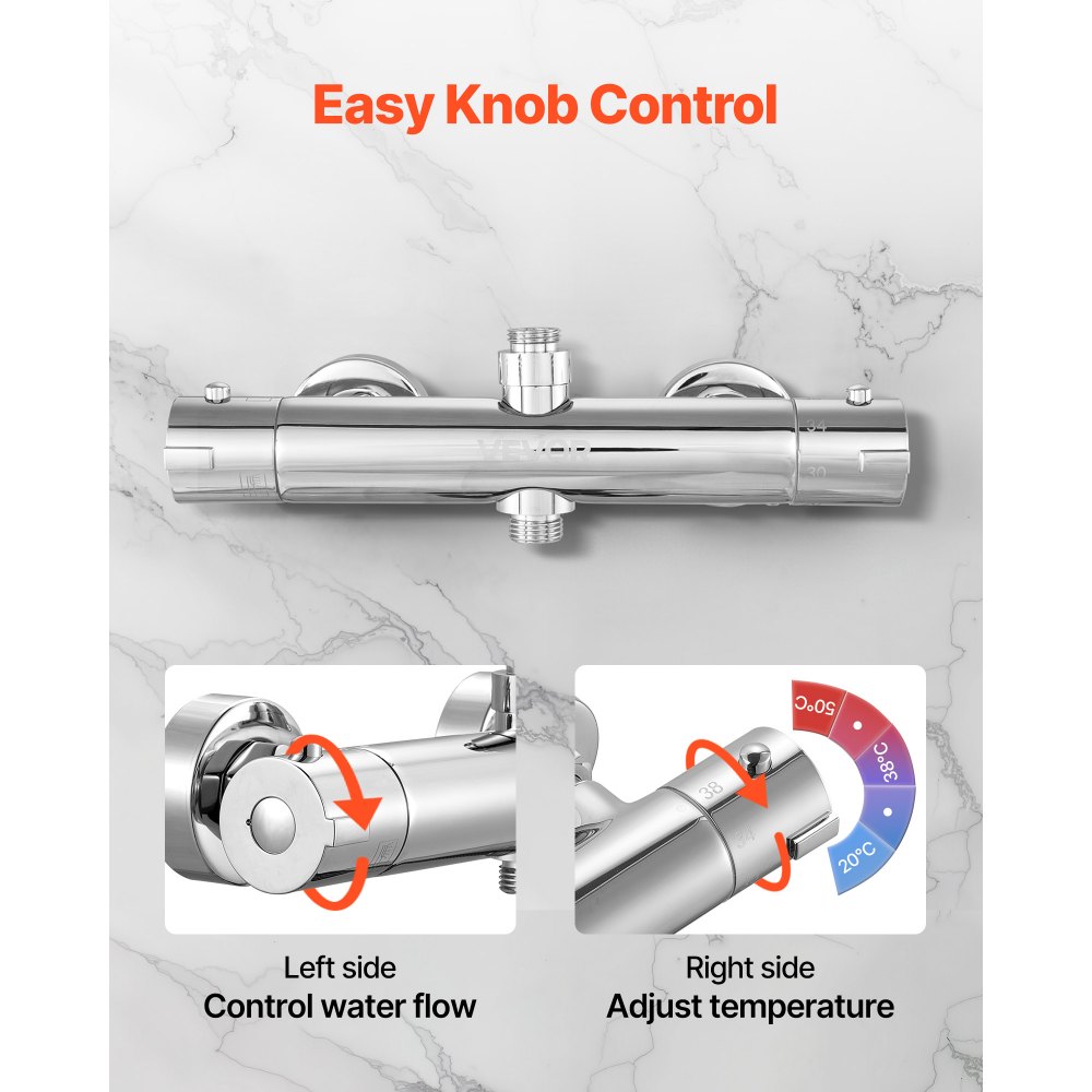 VEVOR Thermostatic Shower Faucet Valve, 38℃ Secure Lock Thermostatic Mixing Valve, Hot Cold Water Showering Faucet Temperature Control Valves with Consistent Water Temperature for Bathroom, RV, Camper