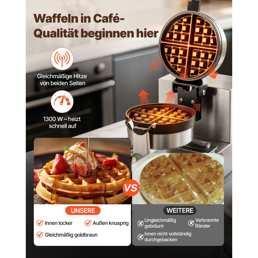 VEVOR Rundes Waffeleisen Waffel 1300 W, Kontaktgrill Belgische Waffeleisen 4 Stk. Edelstahl Waffeln Automat inkl. Lebensmittelclip & Bürsten & Verbrühungssicherer Griff, für Cafés, Restaurant usw.