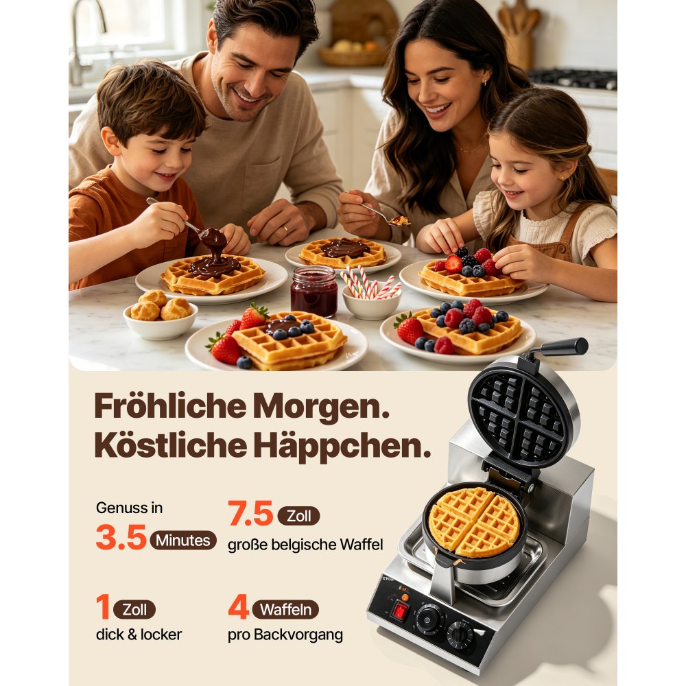 VEVOR Rundes Waffeleisen Waffel 1300 W, Kontaktgrill Belgische Waffeleisen 4 Stk. Edelstahl Waffeln Automat inkl. Lebensmittelclip & Bürsten & Verbrühungssicherer Griff, für Cafés, Restaurant usw.