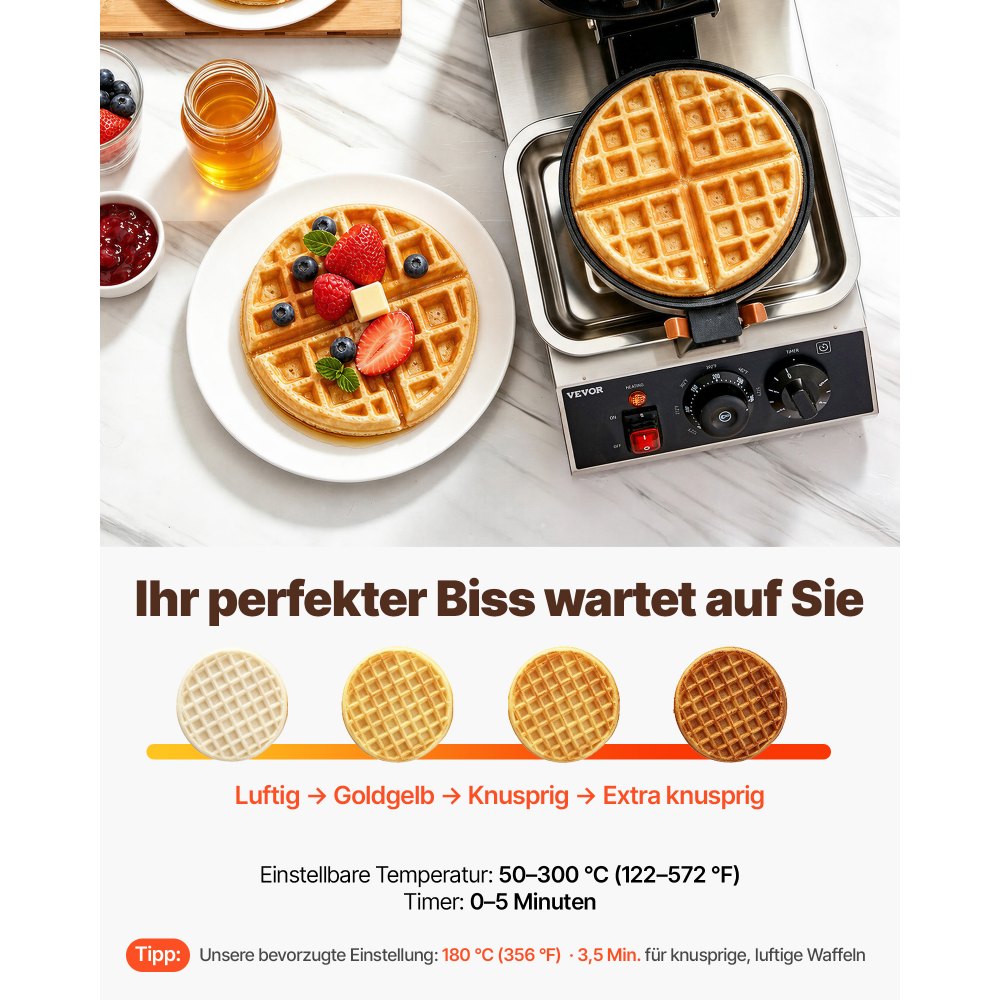 VEVOR Rundes Waffeleisen Waffel 1300 W, Kontaktgrill Belgische Waffeleisen 4 Stk. Edelstahl Waffeln Automat inkl. Lebensmittelclip & Bürsten & Verbrühungssicherer Griff, für Cafés, Restaurant usw.