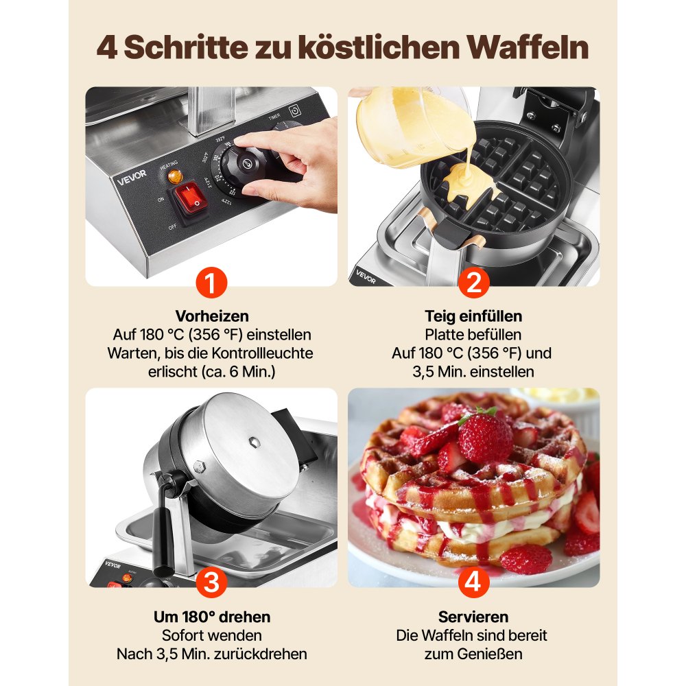 VEVOR Rundes Waffeleisen Waffel 1300 W, Kontaktgrill Belgische Waffeleisen 4 Stk. Edelstahl Waffeln Automat inkl. Lebensmittelclip & Bürsten & Verbrühungssicherer Griff, für Cafés, Restaurant usw.