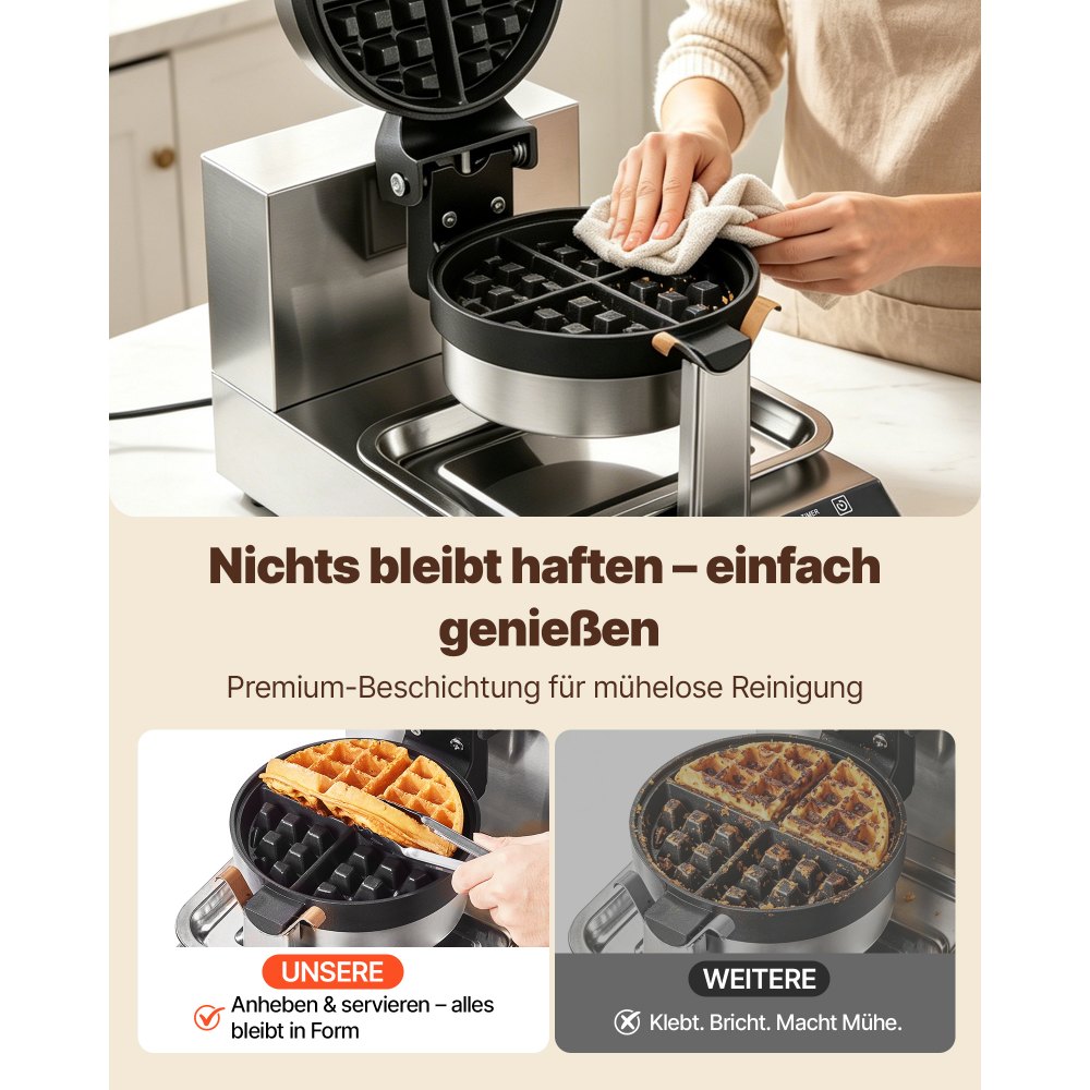 VEVOR Rundes Waffeleisen Waffel 1300 W, Kontaktgrill Belgische Waffeleisen 4 Stk. Edelstahl Waffeln Automat inkl. Lebensmittelclip & Bürsten & Verbrühungssicherer Griff, für Cafés, Restaurant usw.