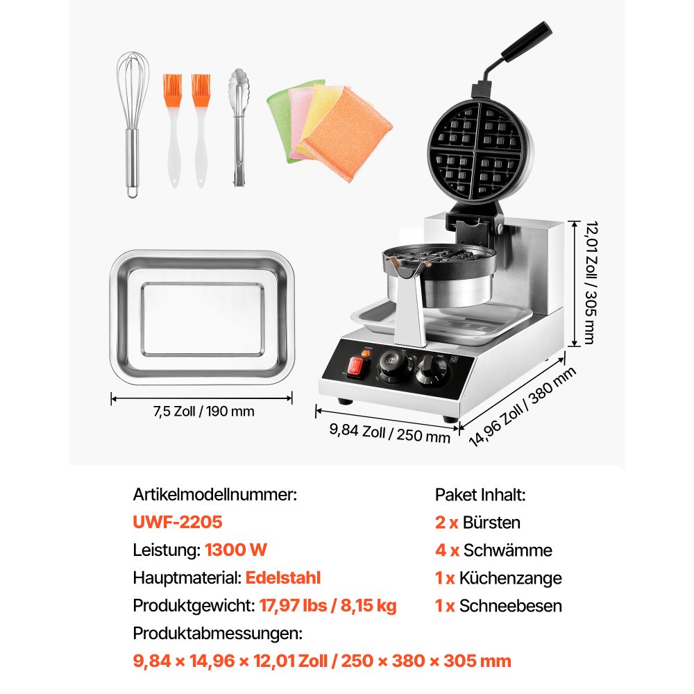 VEVOR Rundes Waffeleisen Waffel 1300 W, Kontaktgrill Belgische Waffeleisen 4 Stk. Edelstahl Waffeln Automat inkl. Lebensmittelclip & Bürsten & Verbrühungssicherer Griff, für Cafés, Restaurant usw.