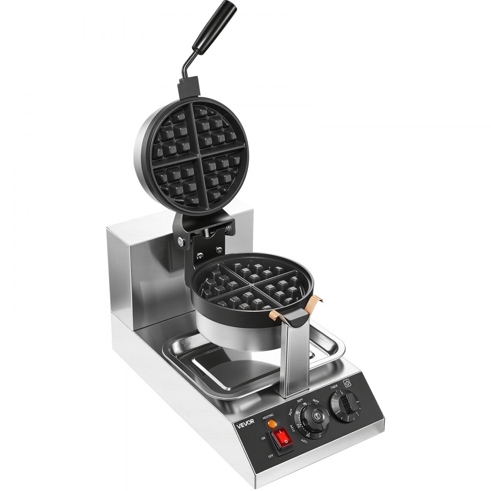 VEVOR Rundes Waffeleisen Waffel 1300 W, Kontaktgrill Belgische Waffeleisen 4 Stk. Edelstahl Waffeln Automat inkl. Lebensmittelclip & Bürsten & Verbrühungssicherer Griff, für Cafés, Restaurant usw.