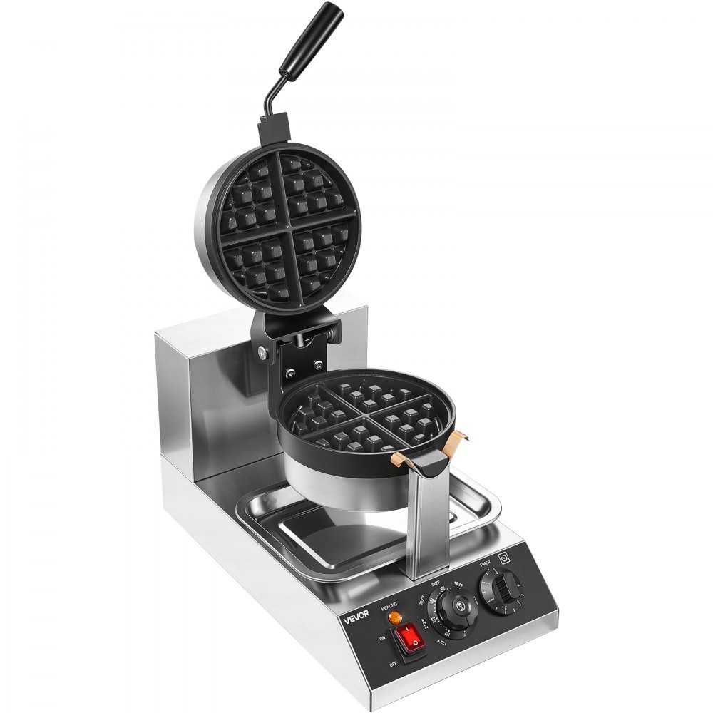 VEVOR Rundes Waffeleisen Waffel 1300 W, Kontaktgrill Belgische Waffeleisen 4 Stk. Edelstahl Waffeln Automat inkl. Lebensmittelclip & Bürsten & Verbrühungssicherer Griff, für Cafés, Restaurant usw.