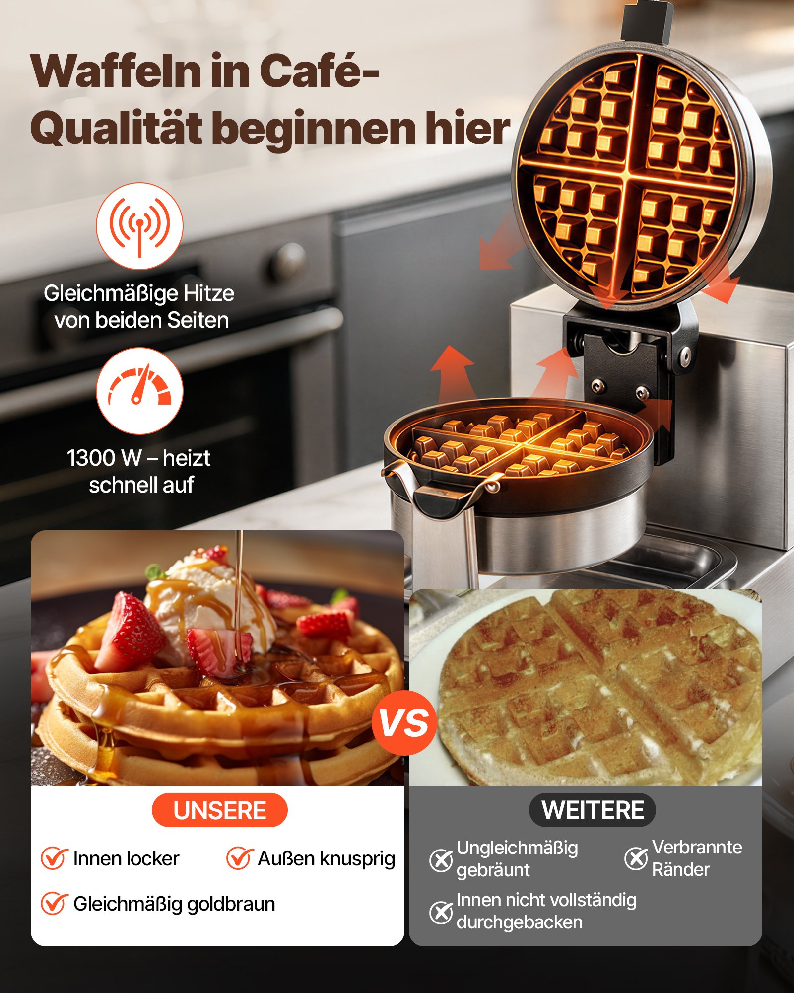 VEVOR Rundes Waffeleisen Waffel 1300 W, Kontaktgrill Belgische Waffeleisen 4 Stk. Edelstahl Waffeln Automat inkl. Lebensmittelclip & Bürsten & Verbrühungssicherer Griff, für Cafés, Restaurant usw.