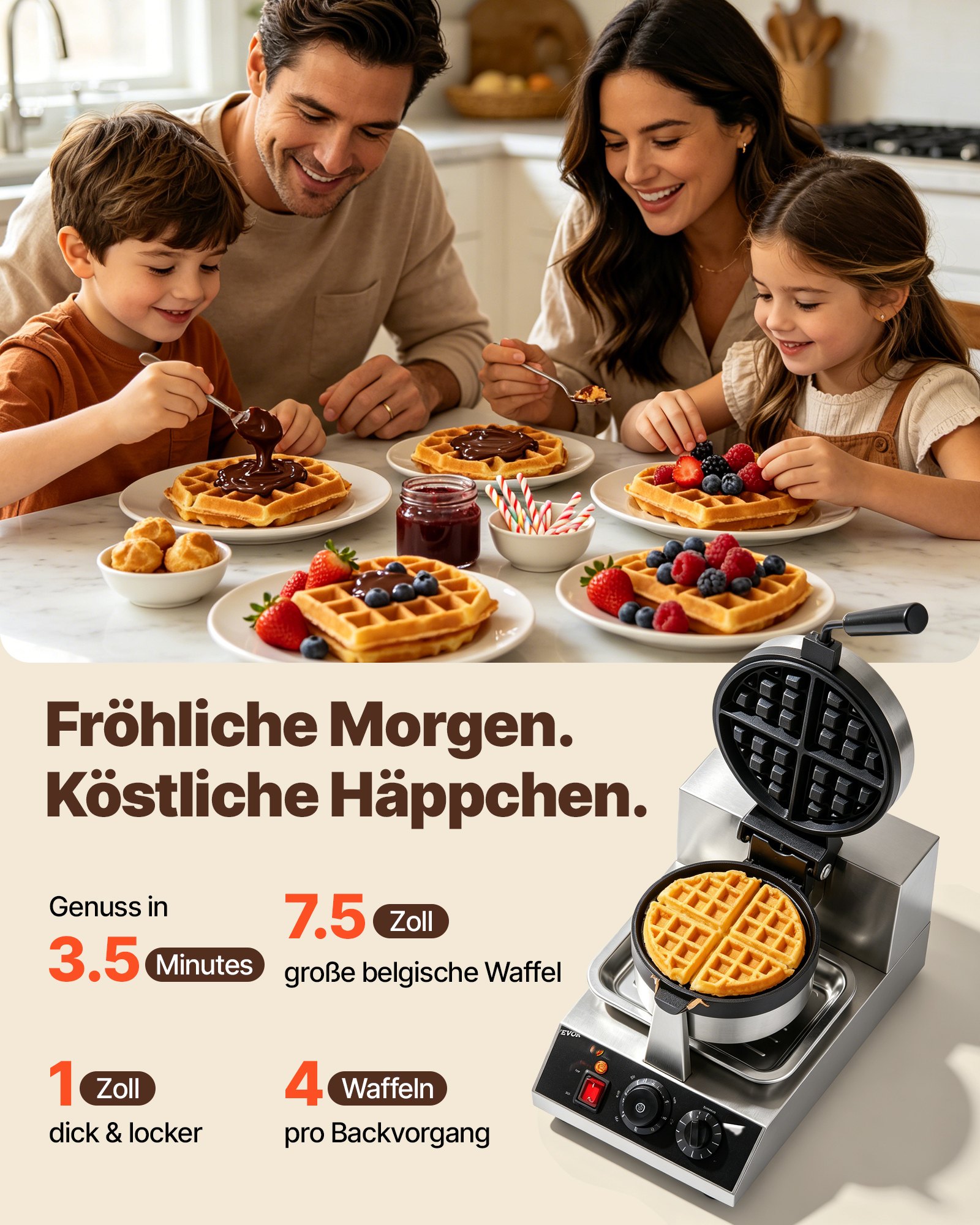 VEVOR Rundes Waffeleisen Waffel 1300 W, Kontaktgrill Belgische Waffeleisen 4 Stk. Edelstahl Waffeln Automat inkl. Lebensmittelclip & Bürsten & Verbrühungssicherer Griff, für Cafés, Restaurant usw.
