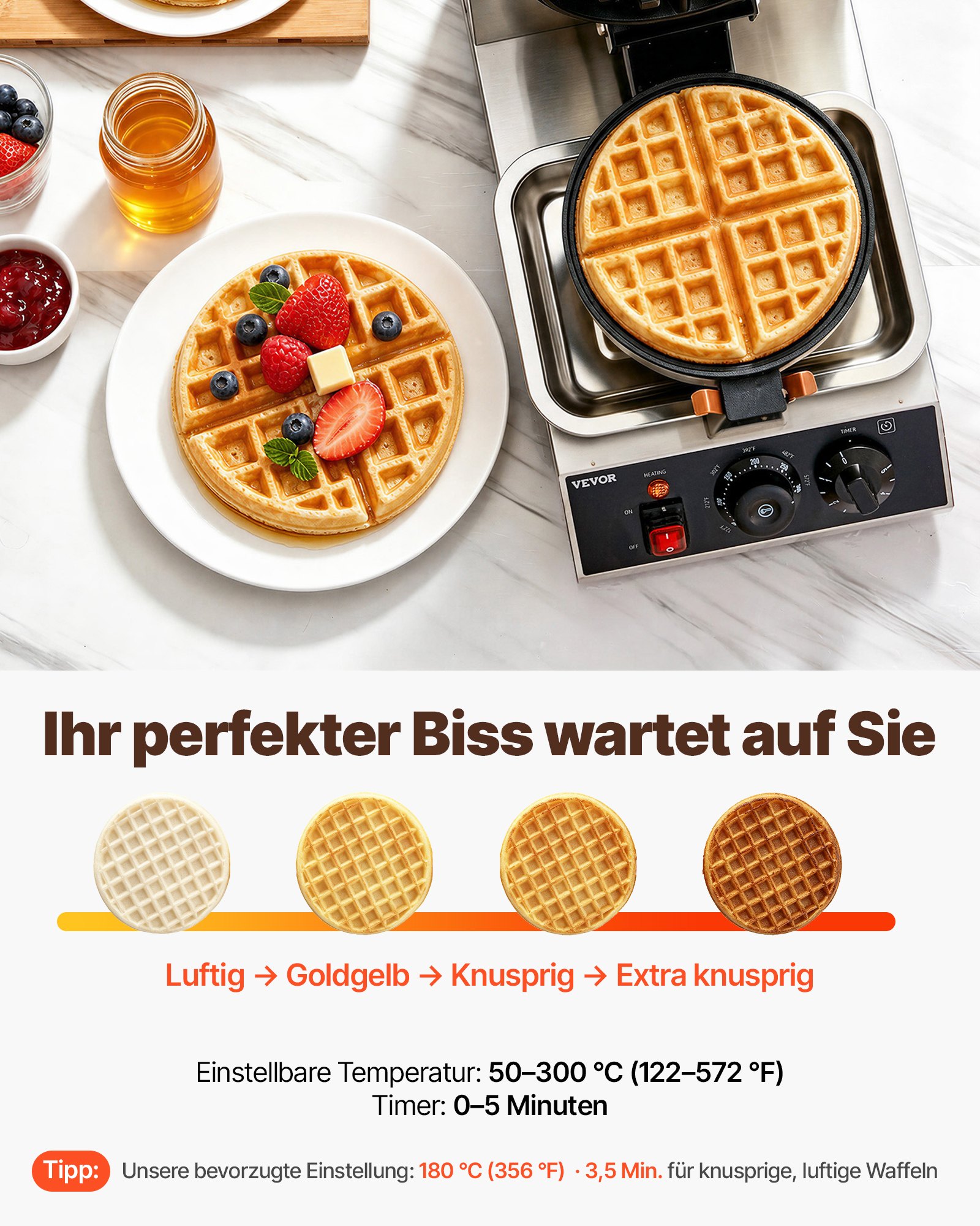 VEVOR Rundes Waffeleisen Waffel 1300 W, Kontaktgrill Belgische Waffeleisen 4 Stk. Edelstahl Waffeln Automat inkl. Lebensmittelclip & Bürsten & Verbrühungssicherer Griff, für Cafés, Restaurant usw.