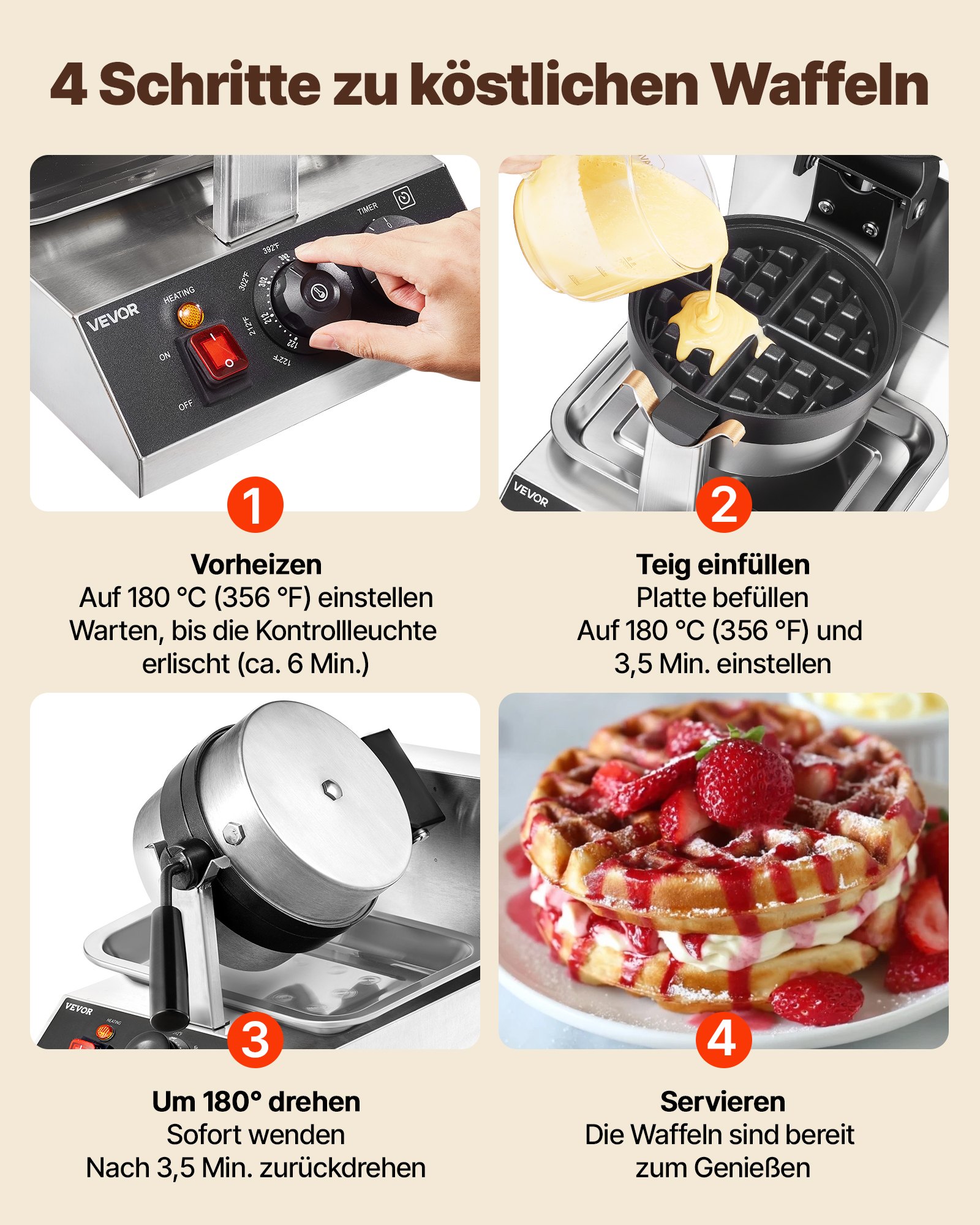 VEVOR Rundes Waffeleisen Waffel 1300 W, Kontaktgrill Belgische Waffeleisen 4 Stk. Edelstahl Waffeln Automat inkl. Lebensmittelclip & Bürsten & Verbrühungssicherer Griff, für Cafés, Restaurant usw.