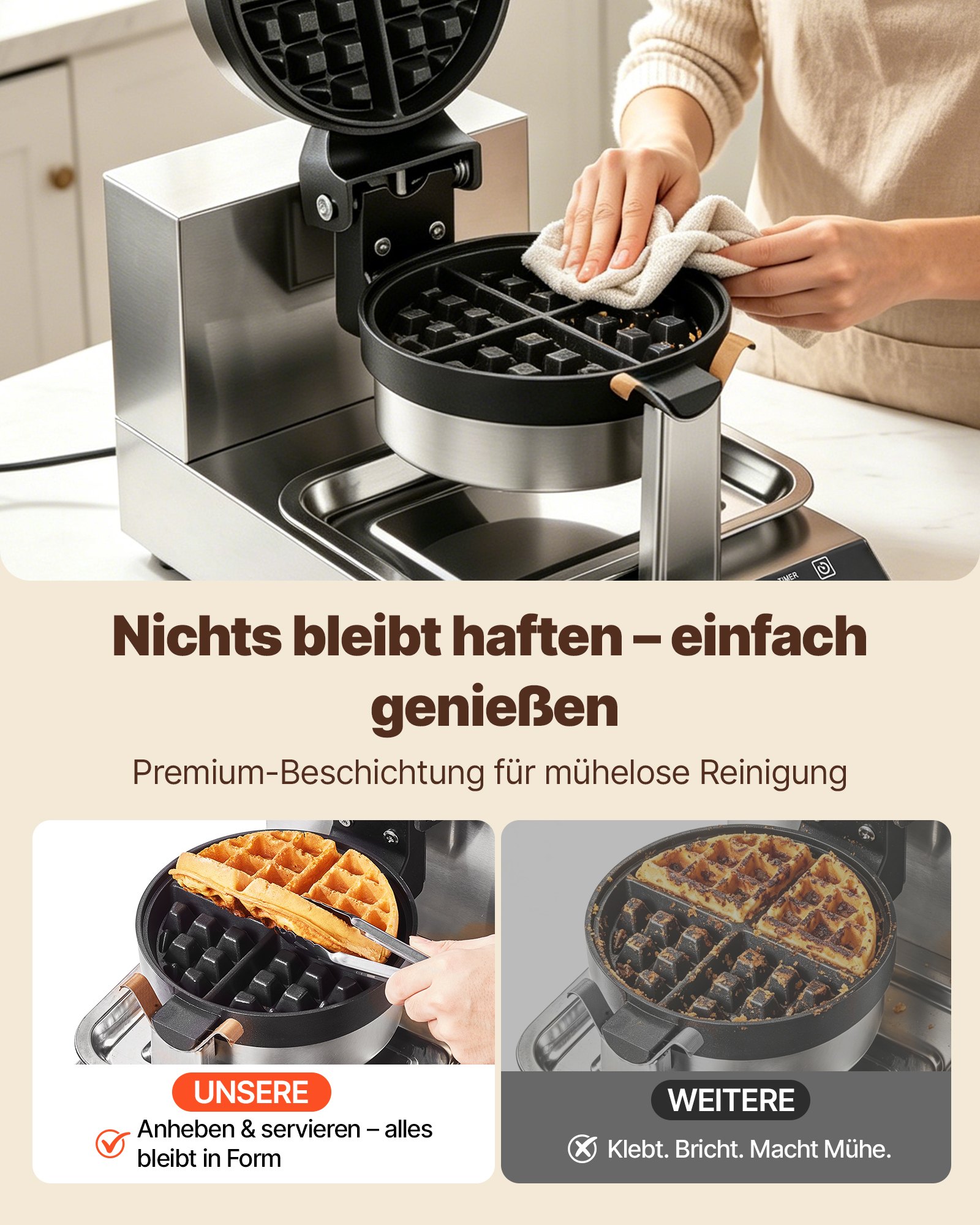 VEVOR Rundes Waffeleisen Waffel 1300 W, Kontaktgrill Belgische Waffeleisen 4 Stk. Edelstahl Waffeln Automat inkl. Lebensmittelclip & Bürsten & Verbrühungssicherer Griff, für Cafés, Restaurant usw.