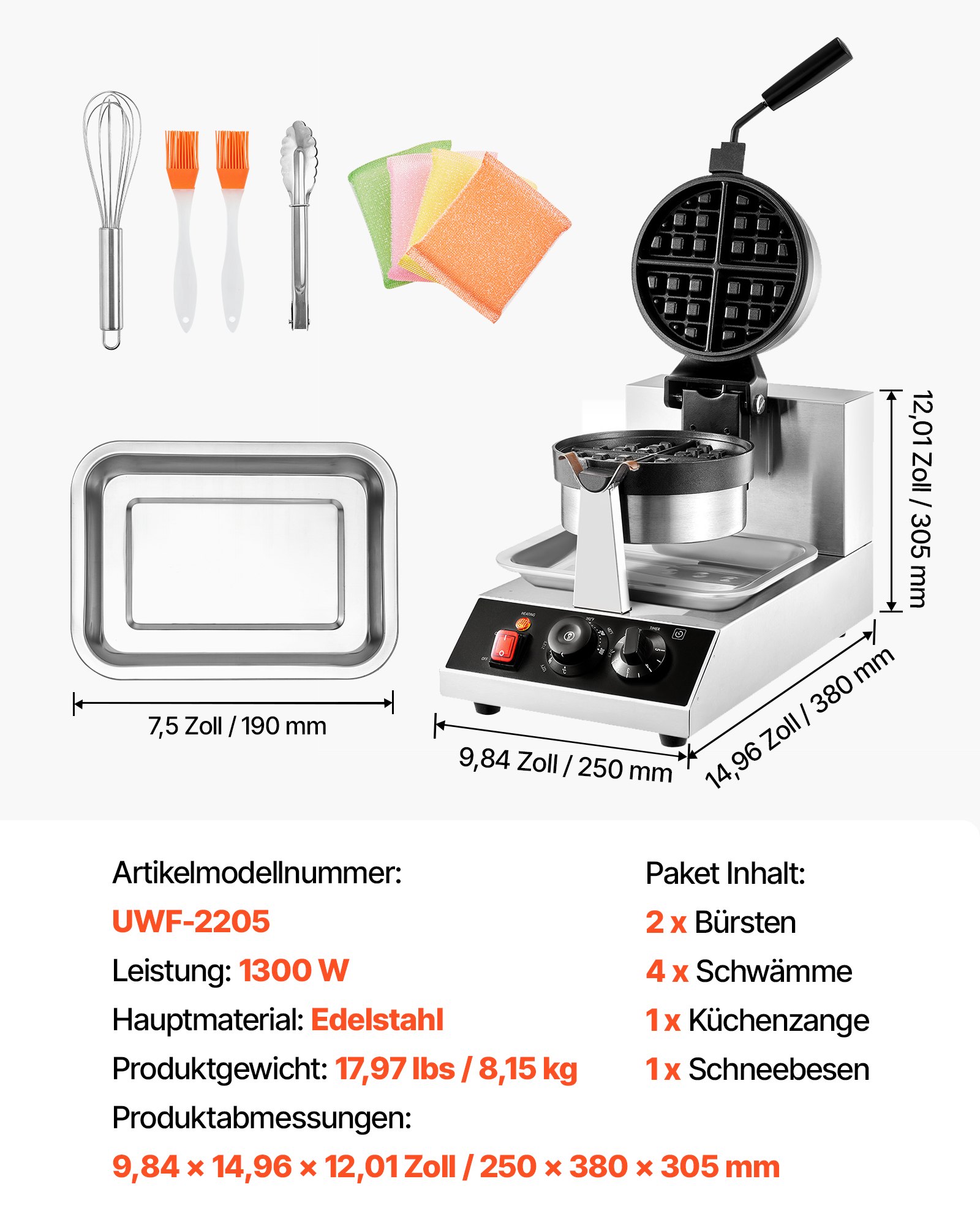 VEVOR Rundes Waffeleisen Waffel 1300 W, Kontaktgrill Belgische Waffeleisen 4 Stk. Edelstahl Waffeln Automat inkl. Lebensmittelclip & Bürsten & Verbrühungssicherer Griff, für Cafés, Restaurant usw.