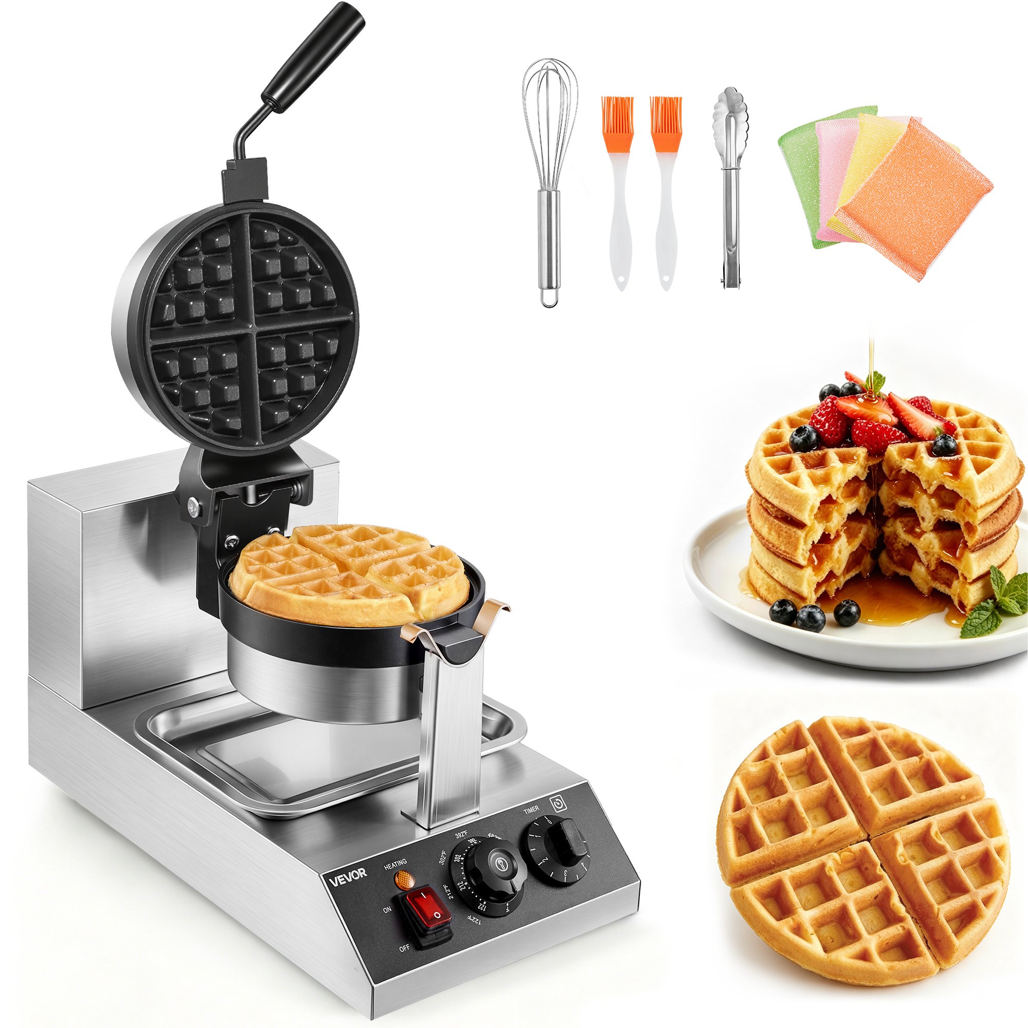 VEVOR Rundes Waffeleisen Waffel 1300 W, Kontaktgrill Belgische Waffeleisen 4 Stk. Edelstahl Waffeln Automat inkl. Lebensmittelclip & Bürsten & Verbrühungssicherer Griff, für Cafés, Restaurant usw.