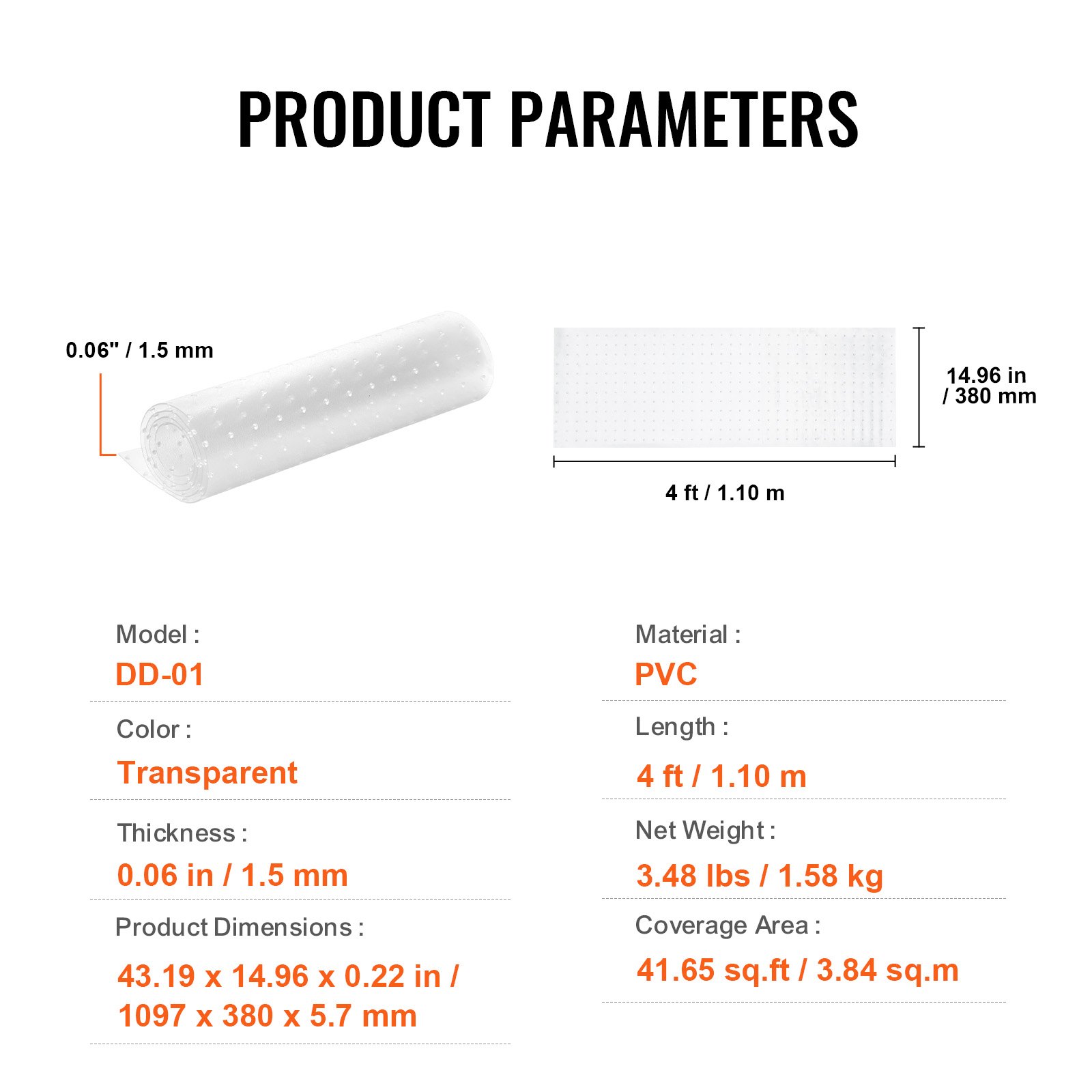 VEVOR Teppichschutz für Haustiere, 38,1 x 1,22 m, kratzfester PVC-Katzenteppichschutz für den Türrahmen, rutschfeste Katzenkratzschutzmatte, leicht zuschneidbarer Kunststoff-Teppichkratzstopper