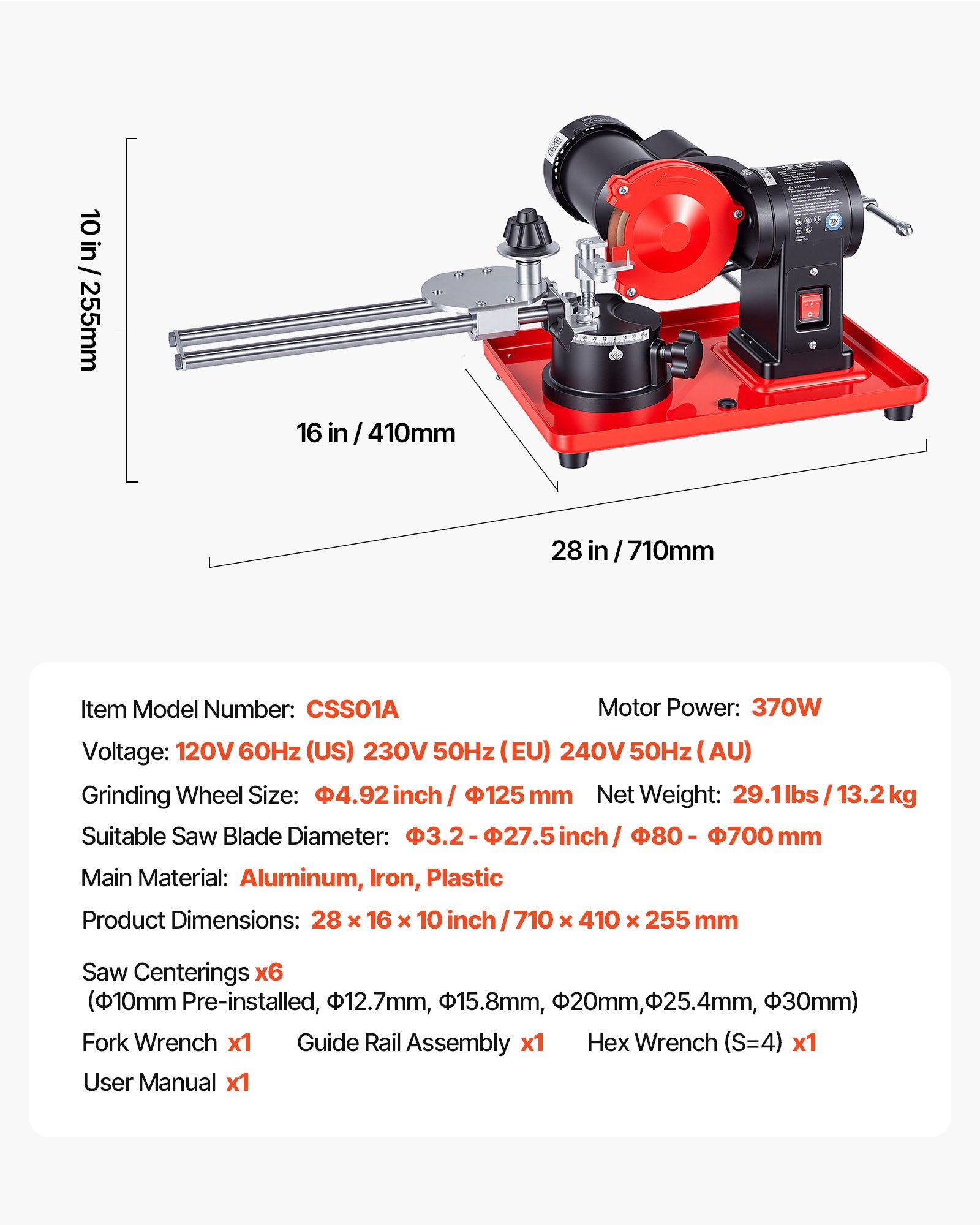 VEVOR 370W Sägeblattschärfgerät, 2890 U/min Kreissägeblattschleifer mit 125 mm Schleifscheibe, Elektr. Schärfmaschine mit Einstellwinkel für 80-700 mm Sägeblätter, Blattschärfer für Holzbearbeitung