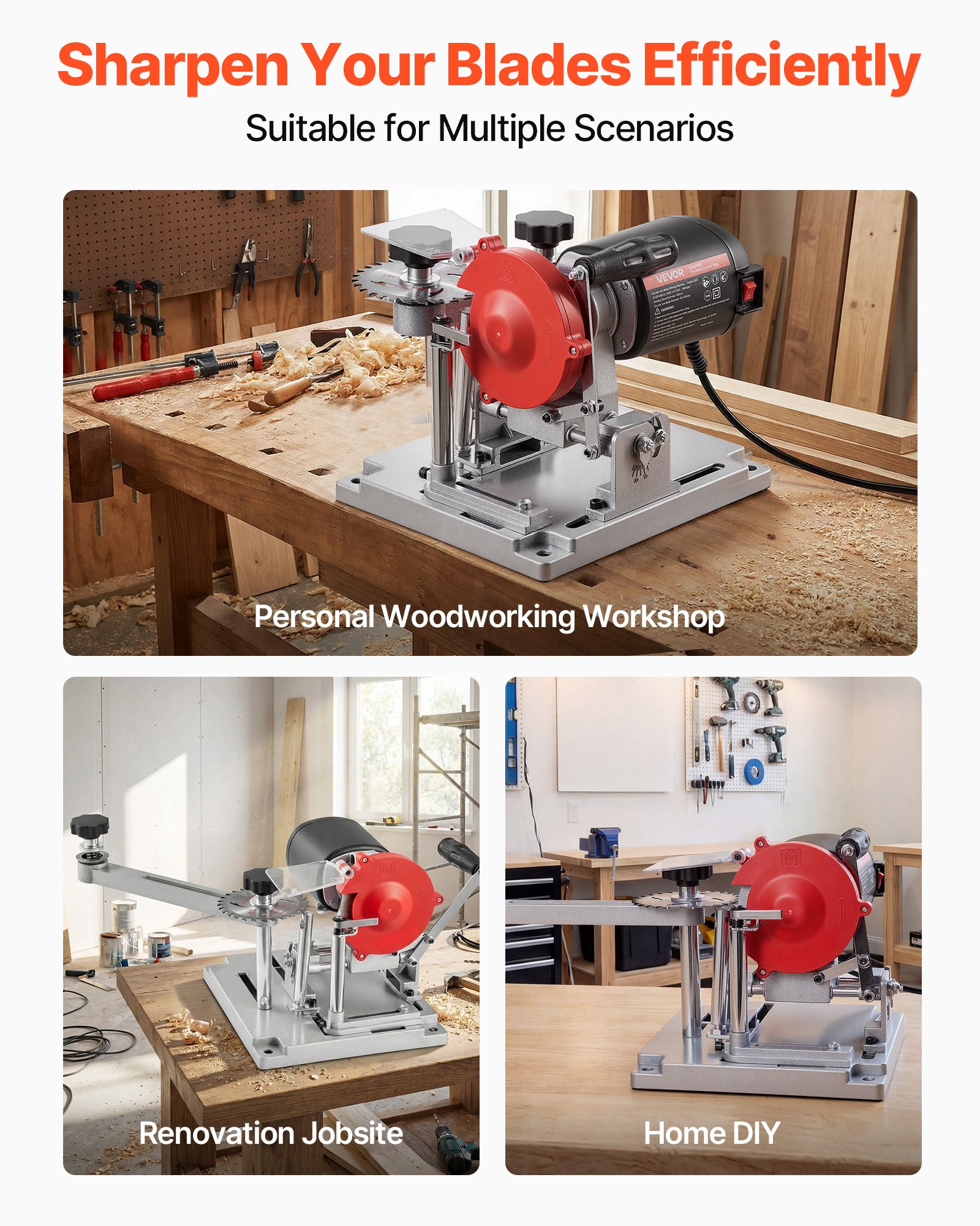 VEVOR 140W Sägeblattschärfgerät, 5700 U/min Kreissägeblattschleifer mit 100mm Schleifscheibe, Elektr. Schärfmaschine mit ±25° Einstellwinkel für 90-400mm Sägeblätter, Blattschärfer für Holzbearbeitung