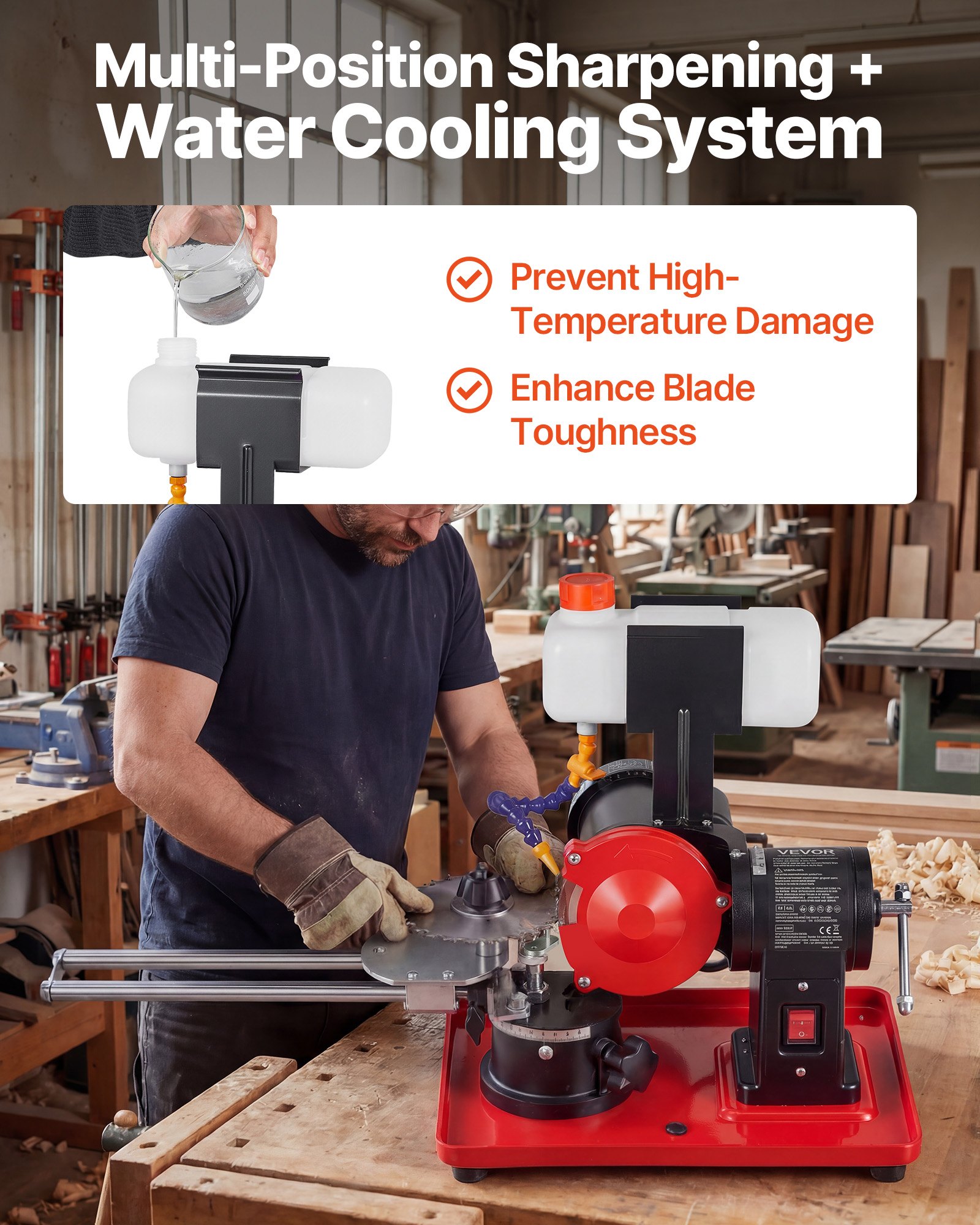 VEVOR 370W Sägeblattschärfgerät, 2890 U/min Kreissägeblattschleifer mit 125 mm Schleifscheibe, Elektrische Schärfmaschine mit Wassertank für 80-700 mm Sägeblätter, Blattschärfer für Holzbearbeitung