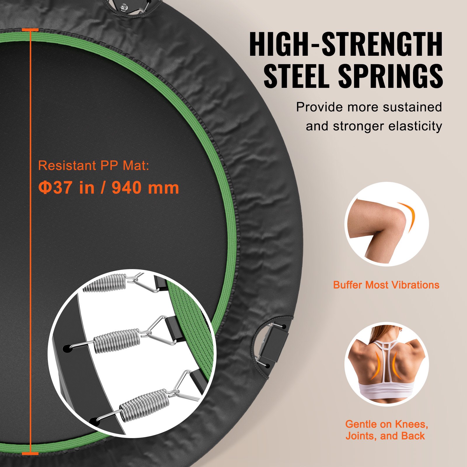 VEVOR Faltbares Mini-Trampolin Fitness-Rebounder 132 cm, 205 kg belastbares Tainingstrampolin, Rebounder Sport Trampolin Gartentrampolin mit 4-stufig höhenverstellbarem Griff & 40 Federn Trampoline