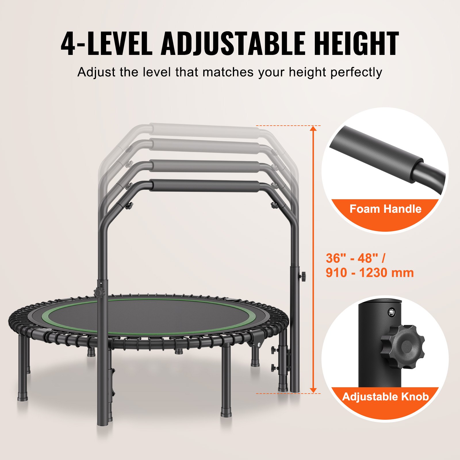 VEVOR Faltbares Mini-Trampolin Fitness-Rebounder 1295 mm 205 kg belastbares Tainingstrampolin, Rebounder Sport Trampolin Gartentrampolin mit 4-stufig höhenverstellbarem Griff  & 42 Spanngurten