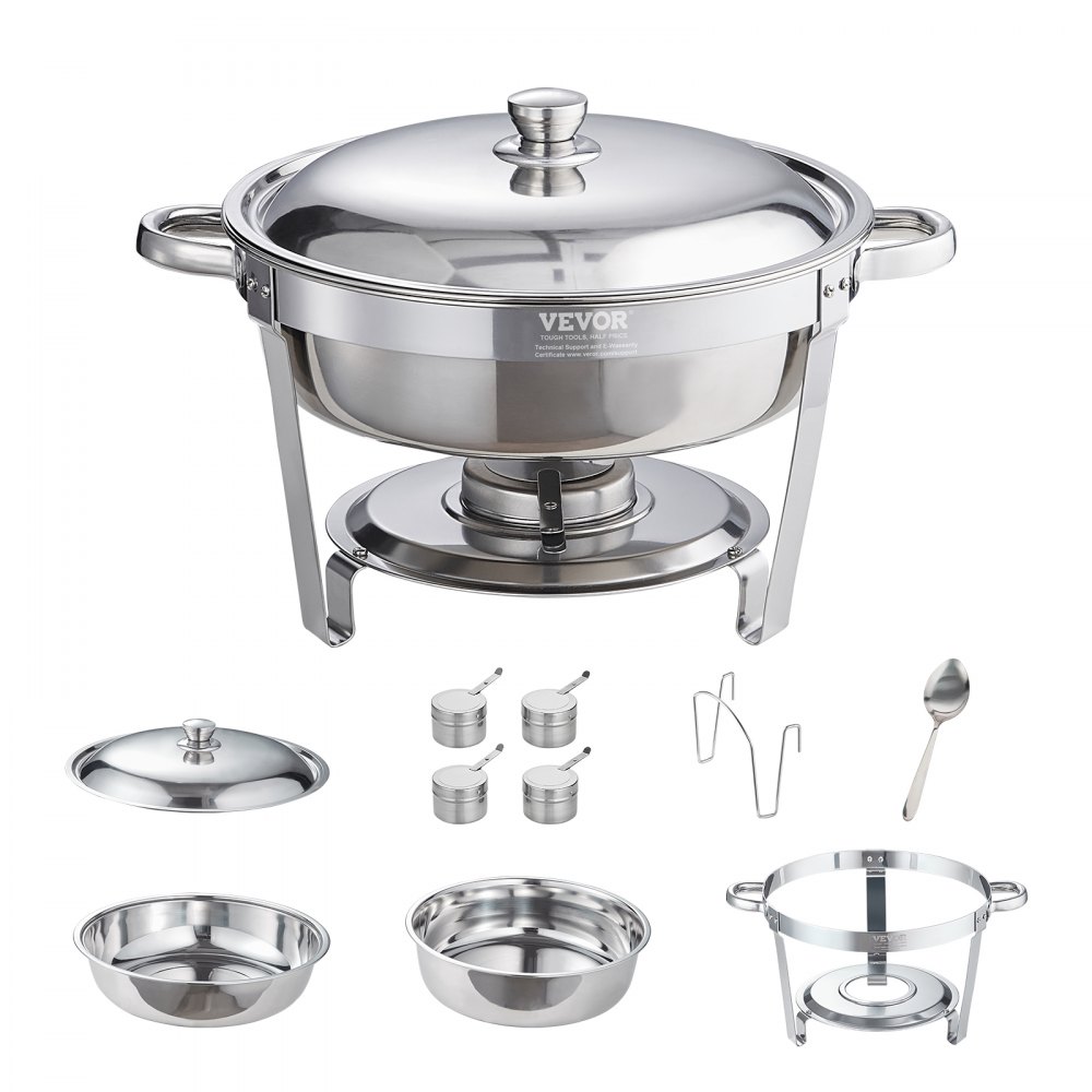 VEVOR Edelstahl Chafing Dish Set Rund 5,38 L 4 Stk. Speisenwärmer Wärmebehälter Suppenwärmer, Speisen Warmhaltebehälter Suppentopf Chafing Dishes Set mit 2 Brennstoffbehälter für Catering Buffet