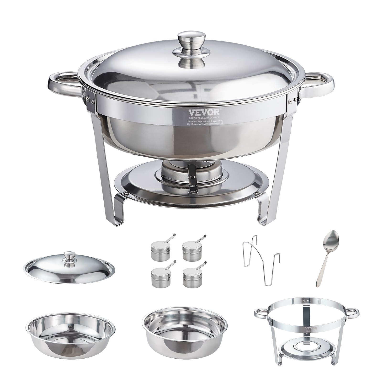 VEVOR Edelstahl Chafing Dish Set Rund 5,38 L 4 Stk. Speisenwärmer Wärmebehälter Suppenwärmer, Speisen Warmhaltebehälter Suppentopf Chafing Dishes Set mit 2 Brennstoffbehälter für Catering Buffet