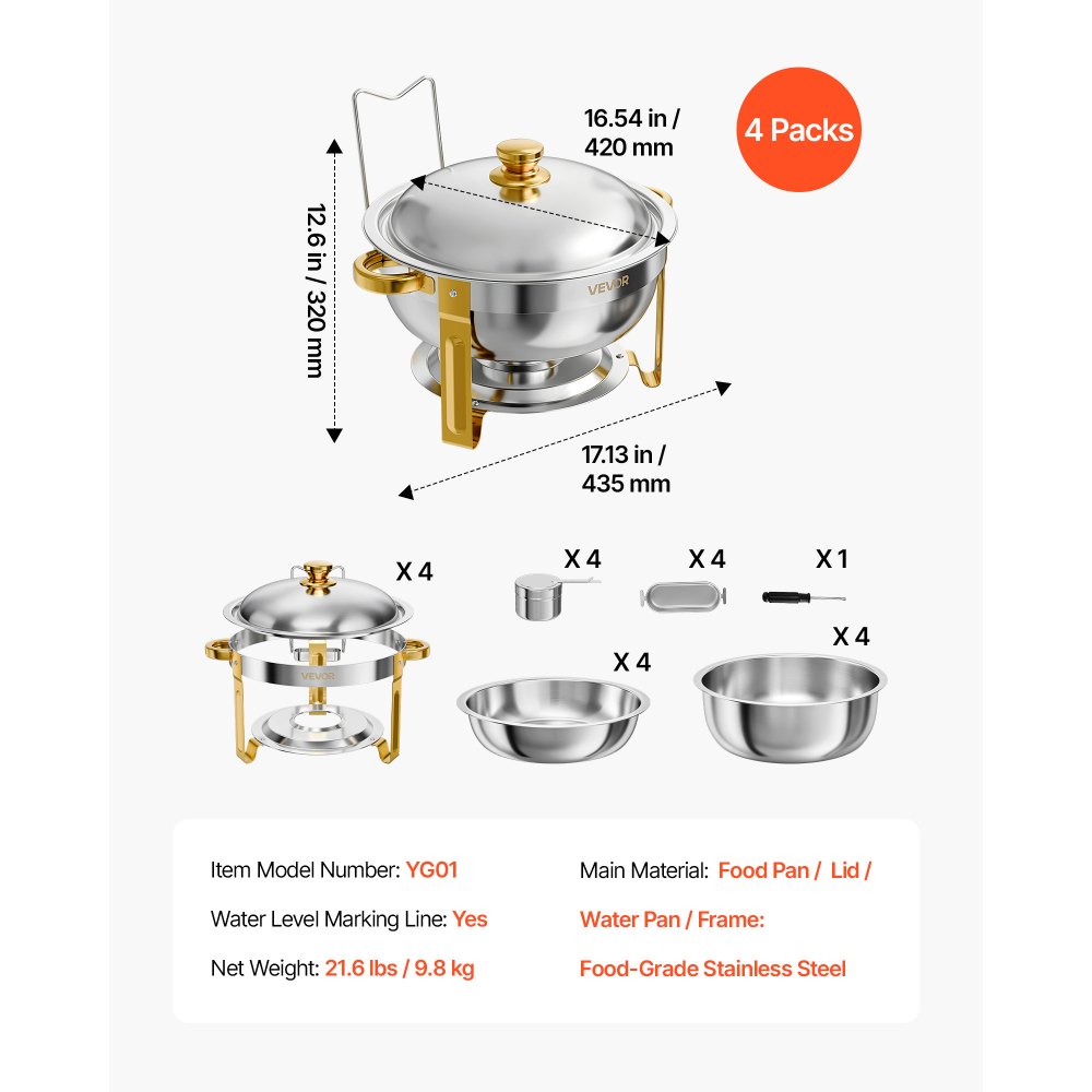 VEVOR Chafing Dish Set 4-tlg. 5,68 L Edelstahl Warmhaltebehälter für Hochzeiten, Buffets  & Familienfeiern, mit Wasserschale, Brennstoffbehälter, Hochglanzpolierter Oberfläche & Stapelbarem Design