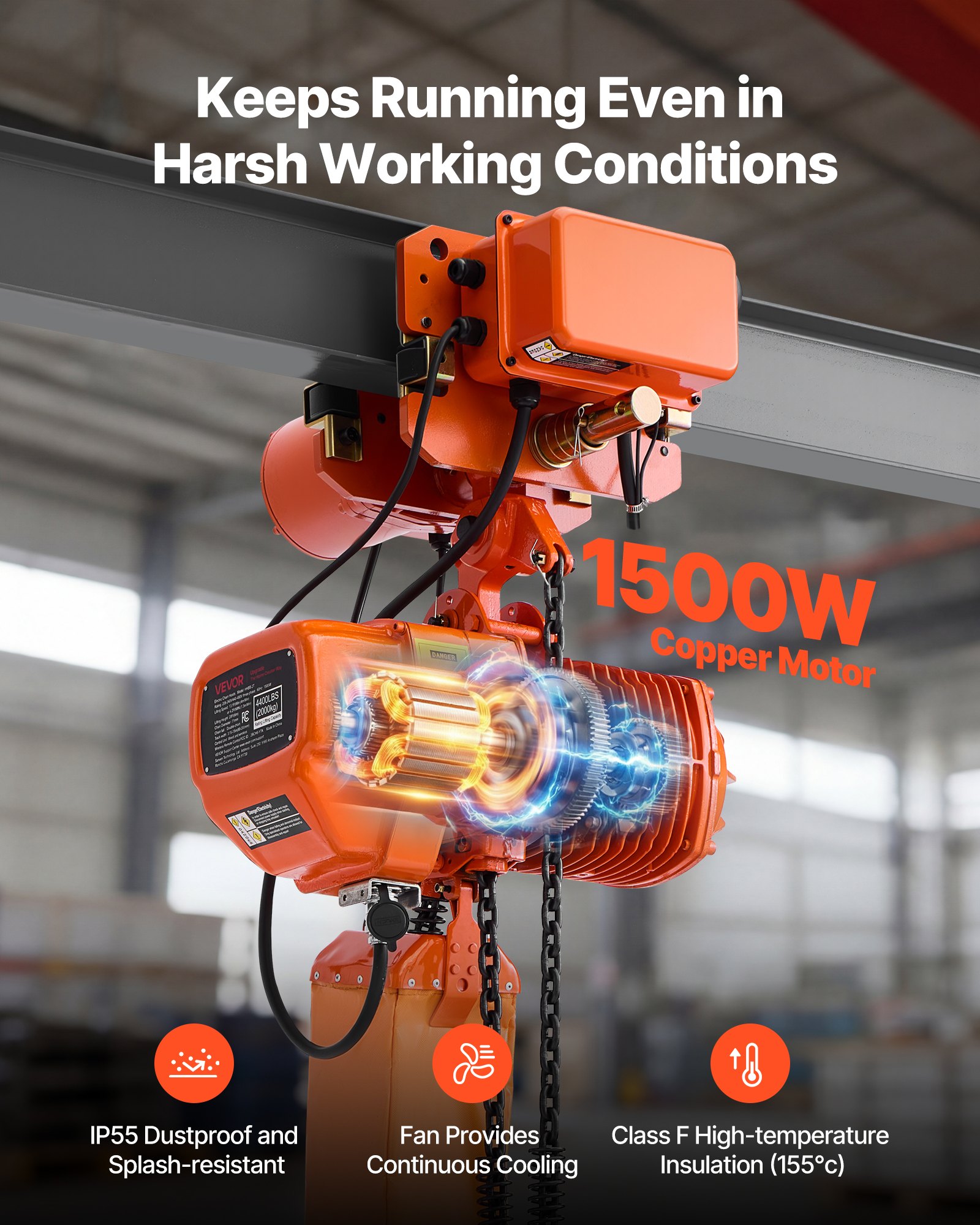 VEVOR Elektrischer Kettenzug 2000 kg, 6,1 m Hubhöhe, Dreiphasig, mit 100 m Funk- & 4,8 m Kabelfernbedienung, G100-Doppelkette, Notstopp, Elektrokettenzug für Fabriken, Lagerhallen & Garagen